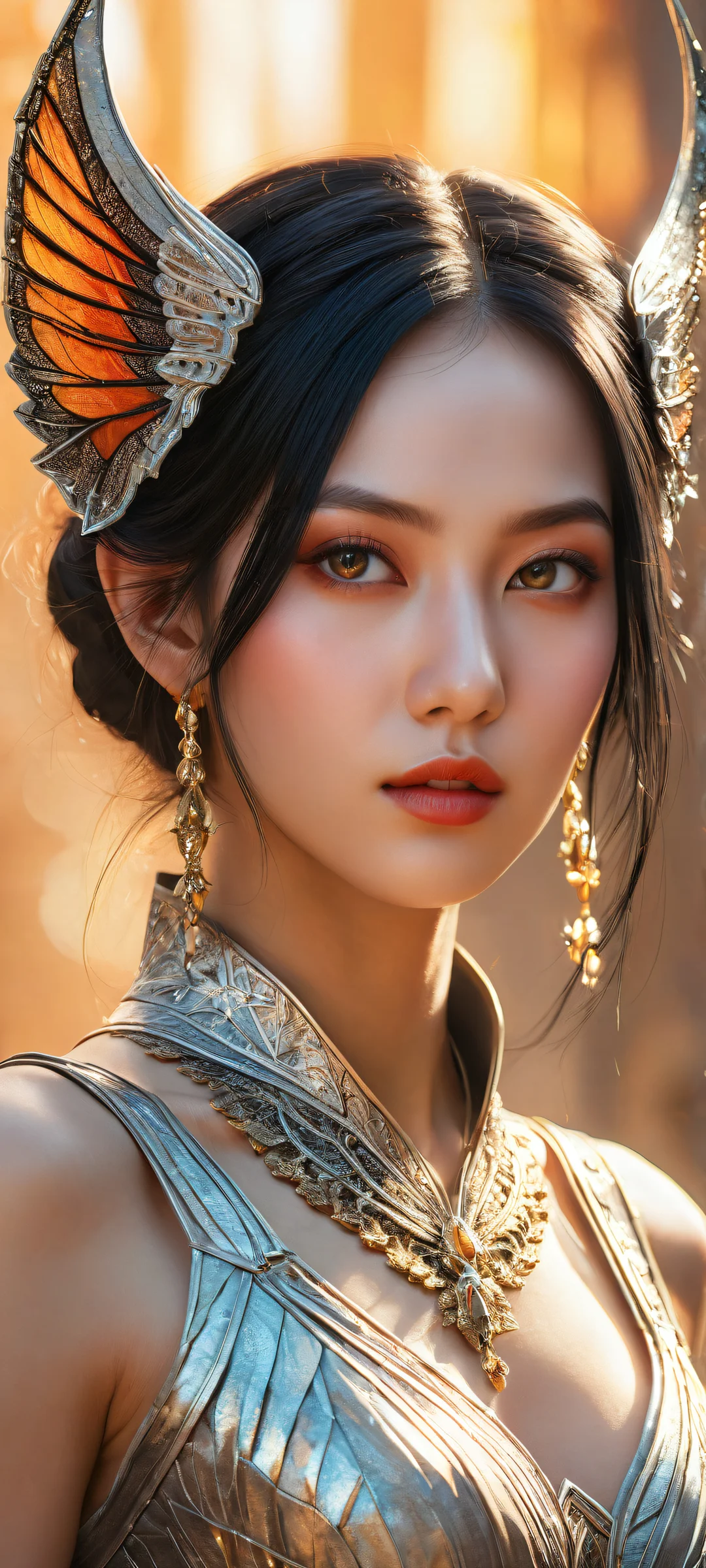 A fantasy girl with pointy ears and black hair against a pure void background, perfectly optimized for iPhone/Android home screens.