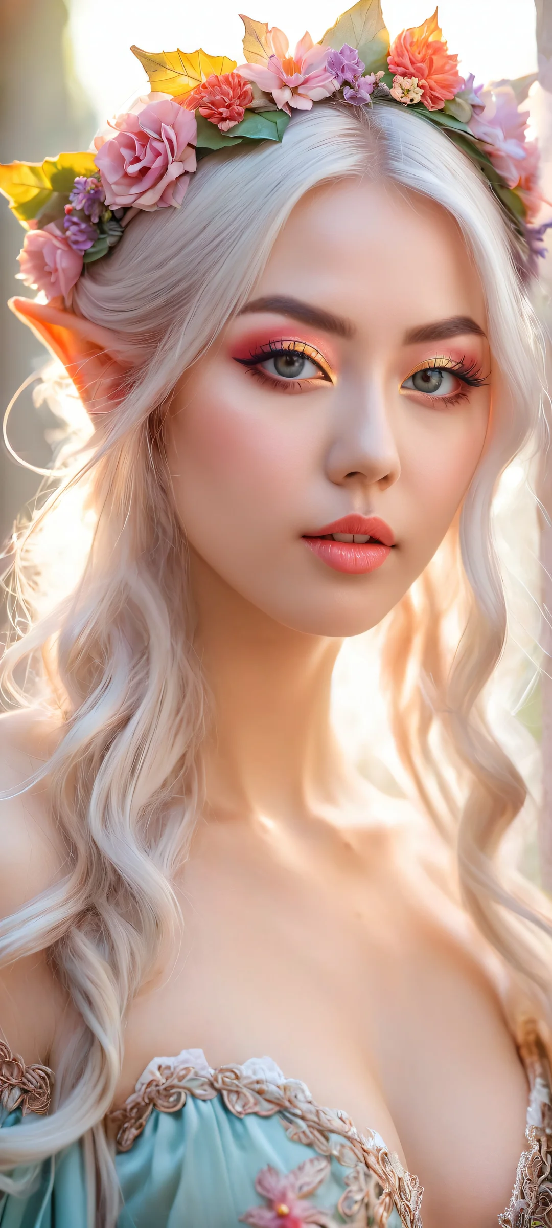 Beautiful kawaii woman with intricate fantasy elf ears and cosplay attire, perfekt für iPhone/Android-Startbildschirme.
