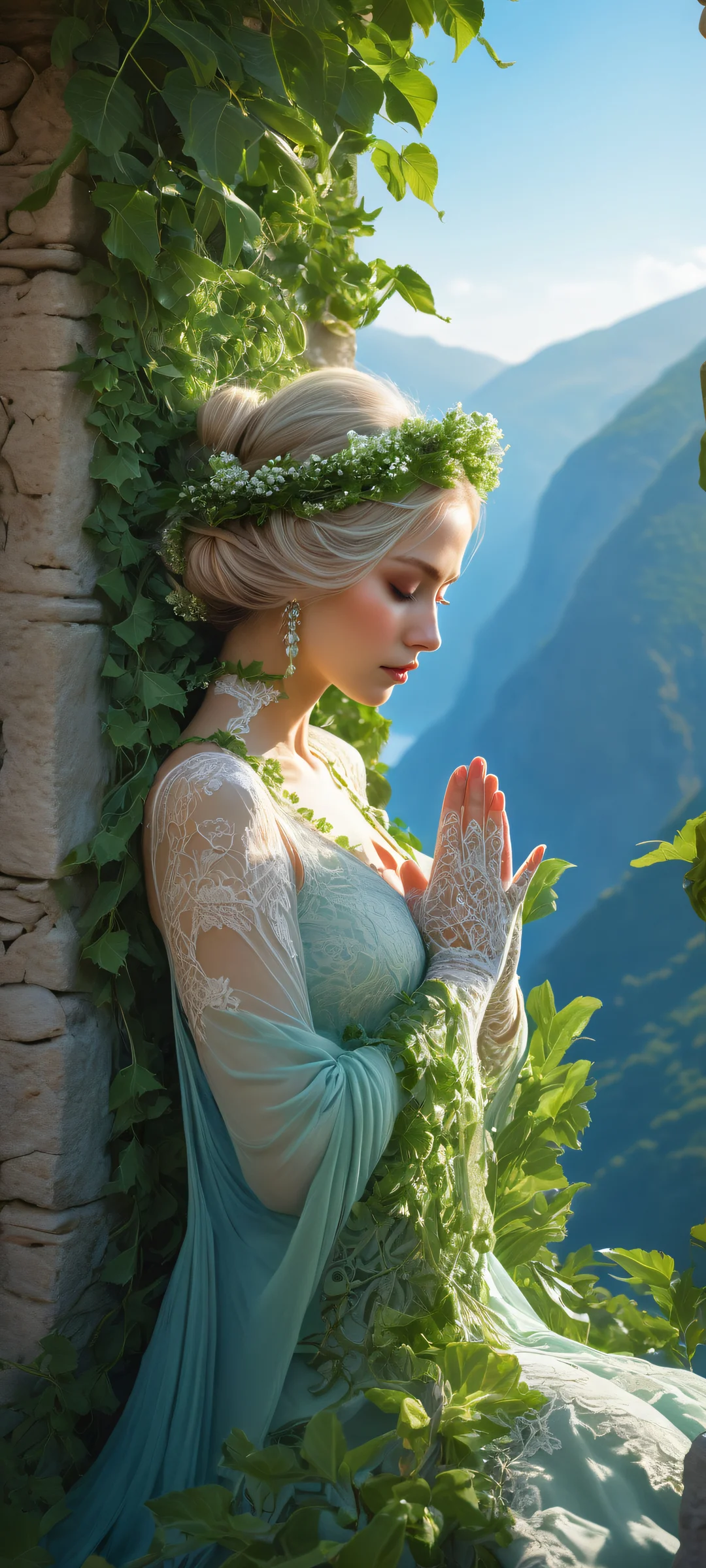 A stunning portrait of a mystical woman with intricate details on her gloves and lush greenery in the background, perfectly optimized for iPhone/Android home screens.