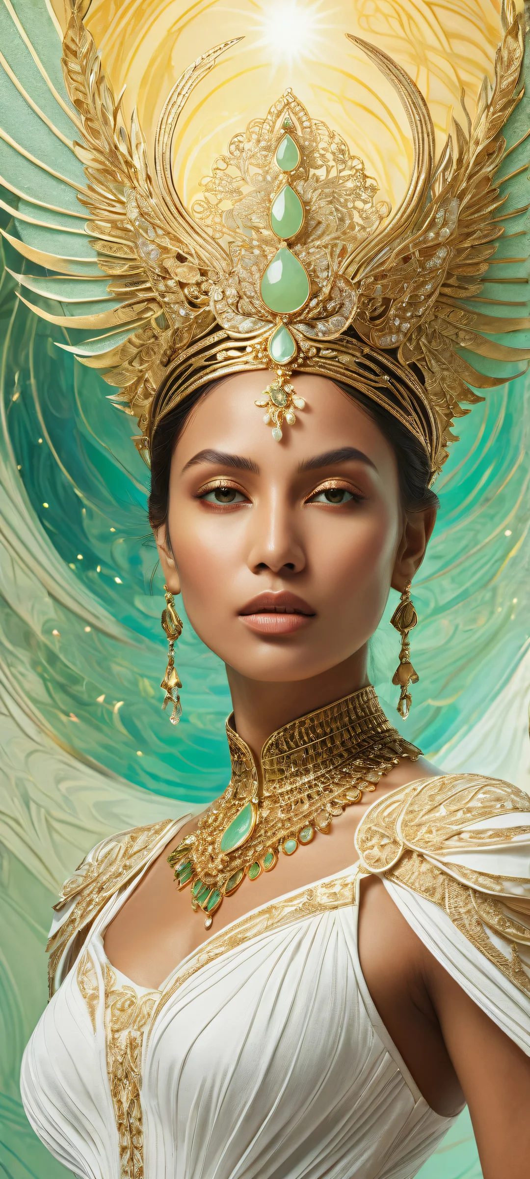 A stunning vertical portrait artwork of a beautiful woman in an all white dress with luxurious gold trim, surrounded by celestial colors and patterns. Parfait pour les écrans d'accueil iPhone ou Android.