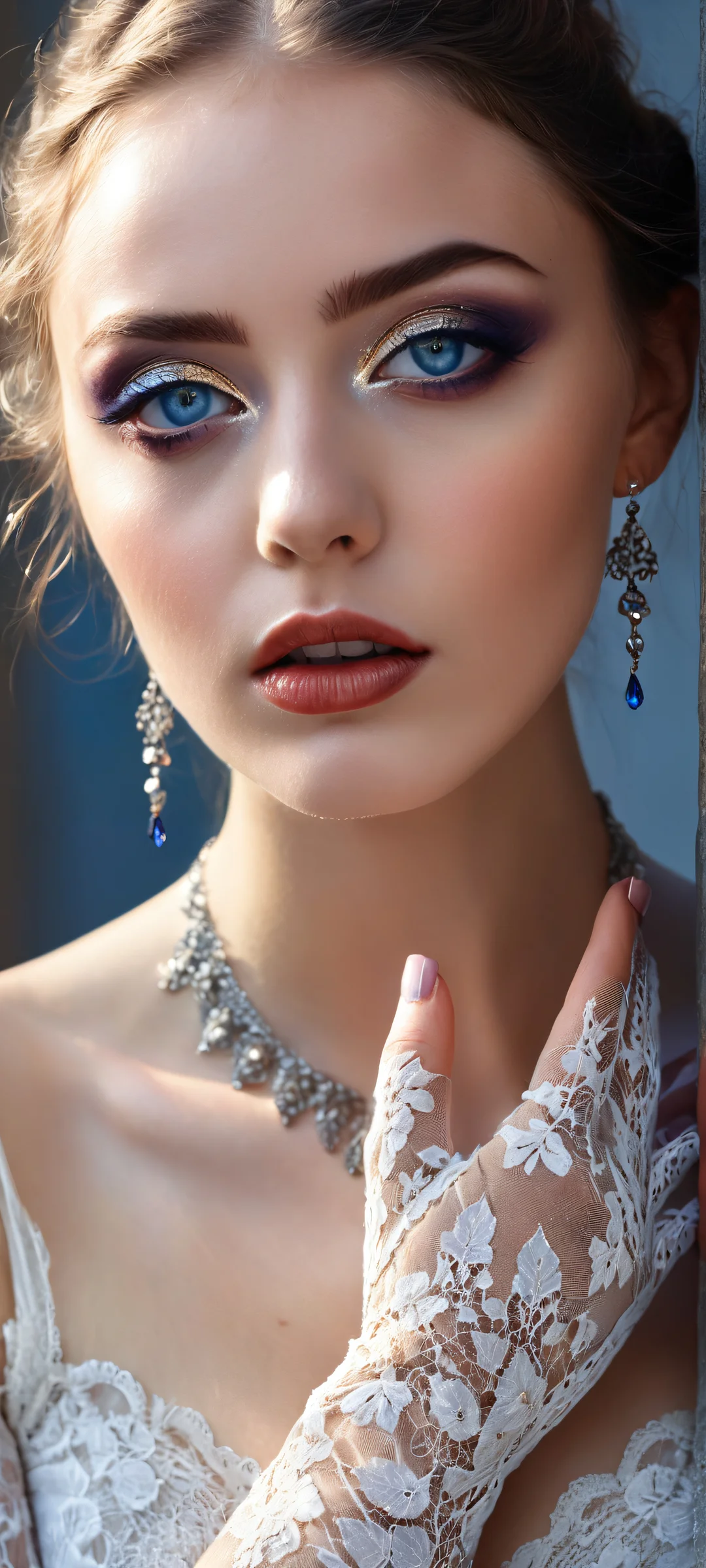 A mysterious young woman with piercing blue eyes and subtle blush, set against a vast pure void, perfect for iPhone/Android home screens.