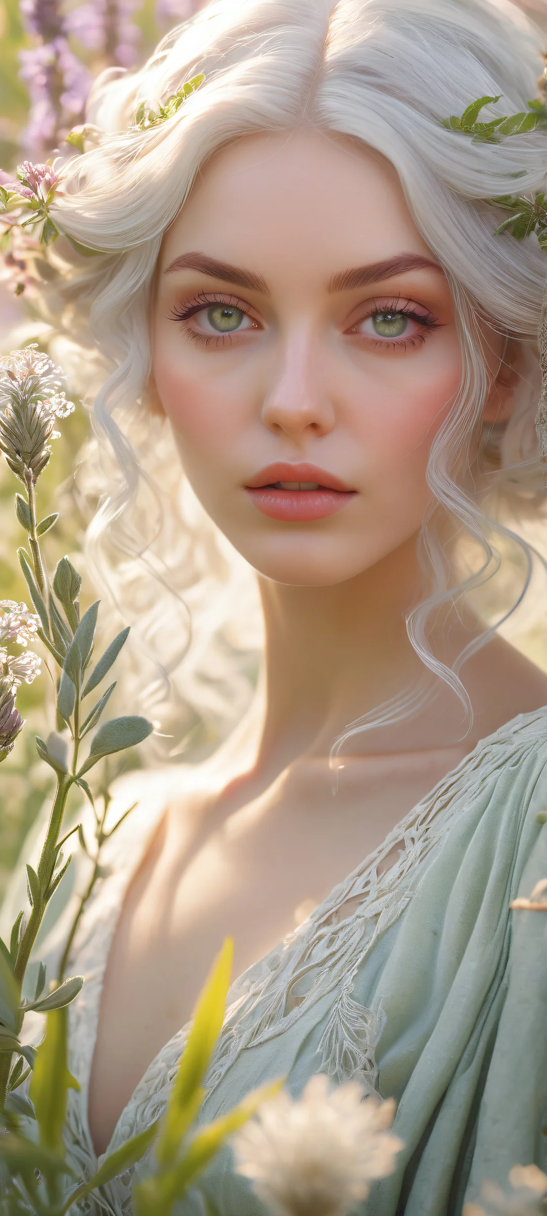 A delicate witch amidst a magical botanical garden on iPhone/Android, perfect for desktop or mobile backgrounds