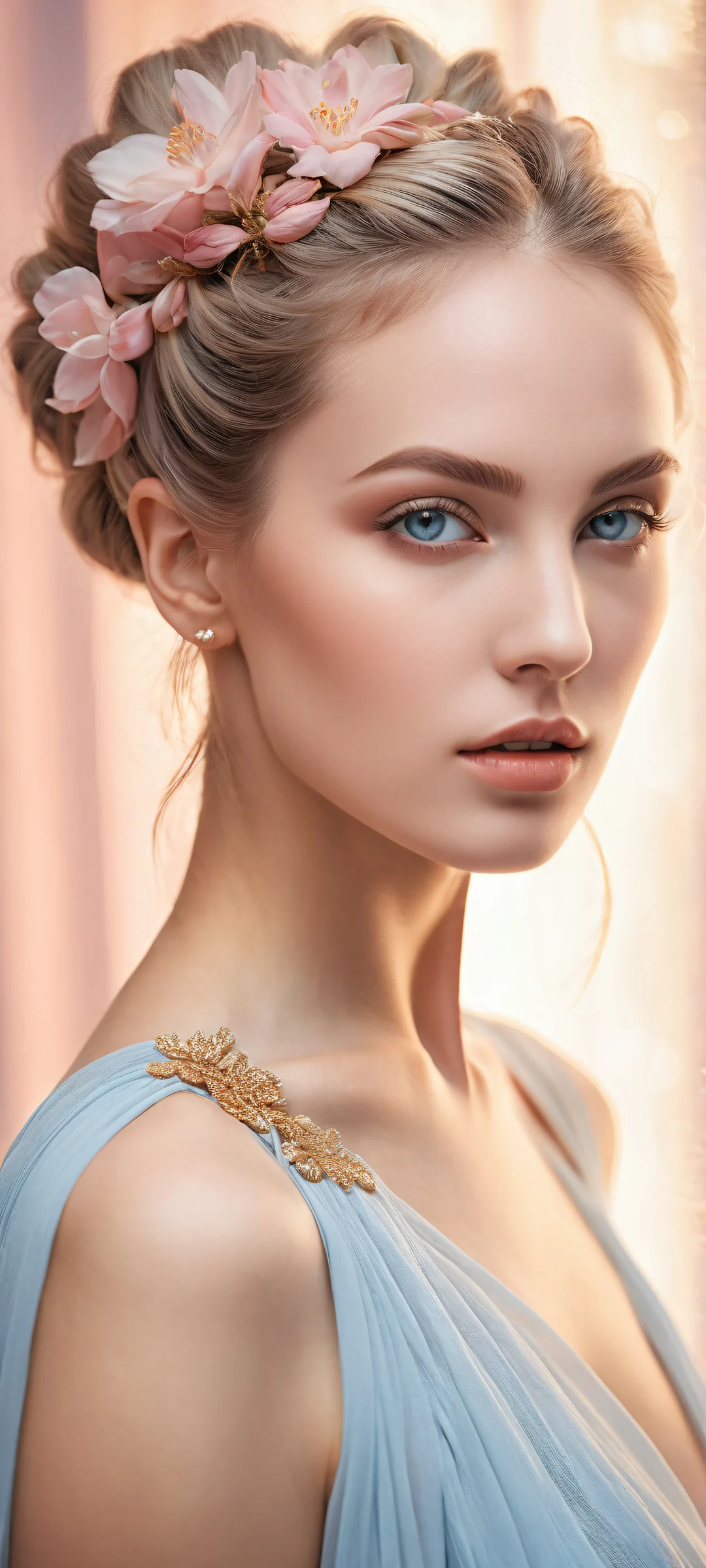 Ethereal Enchantress iPhone & Samsung QHD Wallpaper Beautiful digital artwork of a stunning model with intricate hairstyle and piercing gaze, perfectly optimized for iPhone and Android home screens.