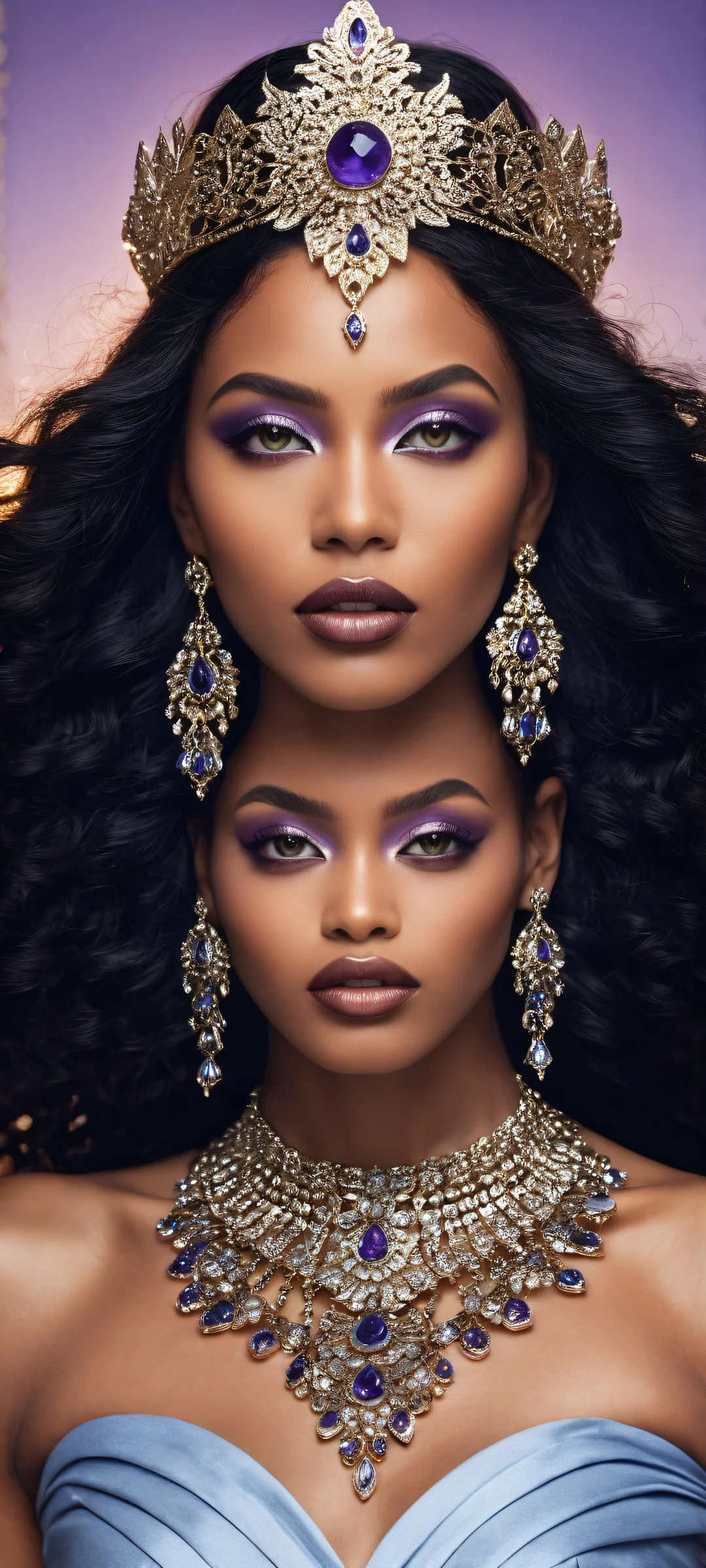 Portrait of a mysterious woman with intricate fantasy outfit and jewelry reflections on an iPhone/Android home screen.