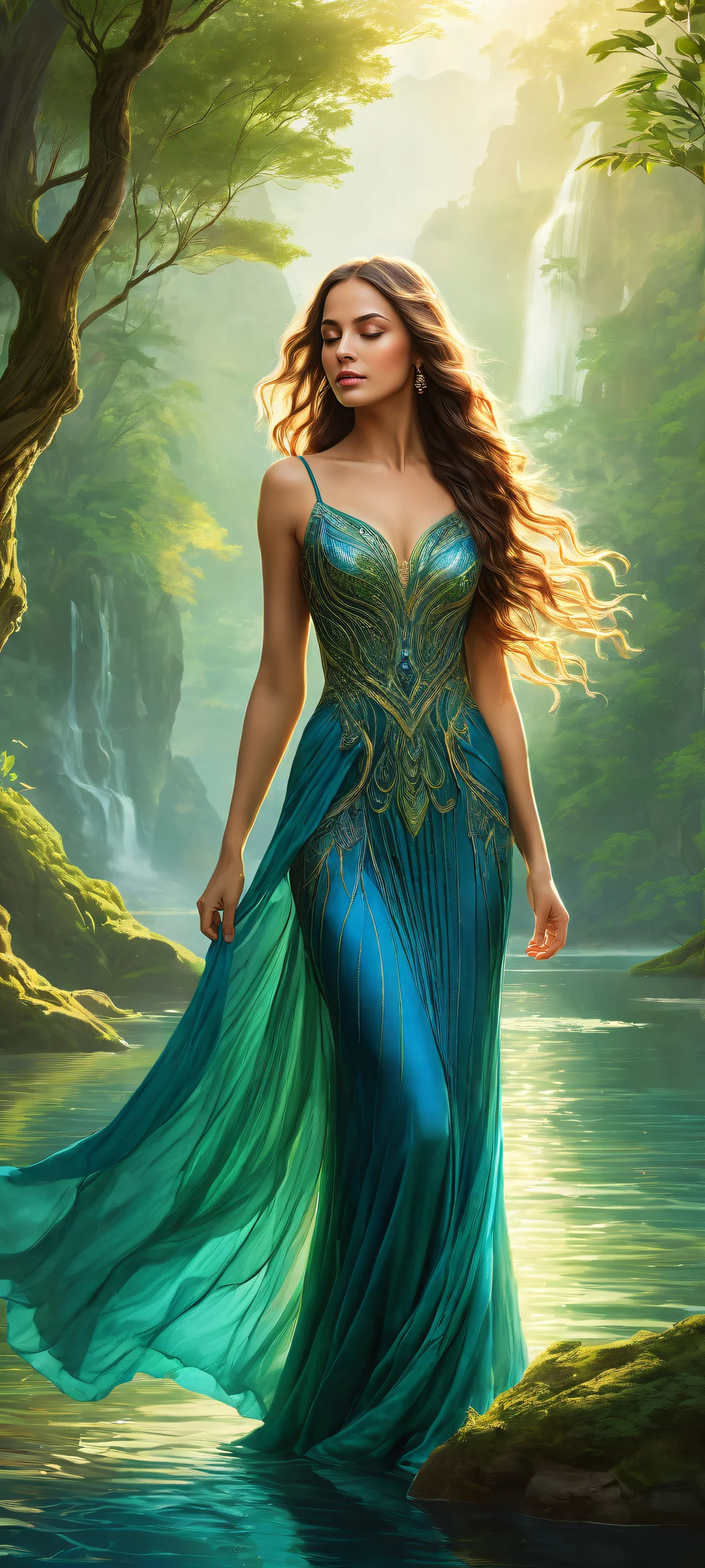 A majestic woman with flowing long hair amidst a fantasy landscape on iPhone and Android devices.