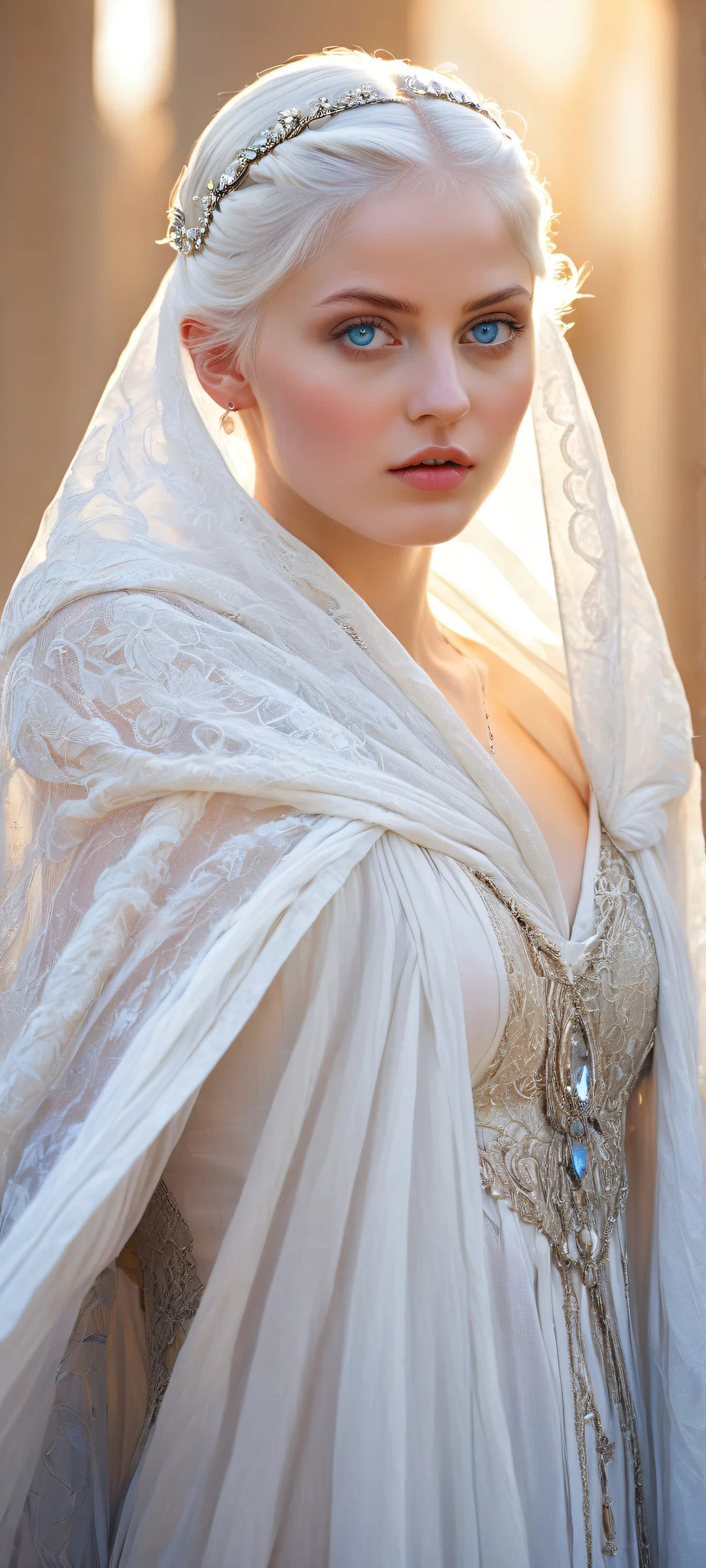 A captivating portrait of a young girl with piercing blue eyes and striking white hair, perfect for iPhone/Android home screens.