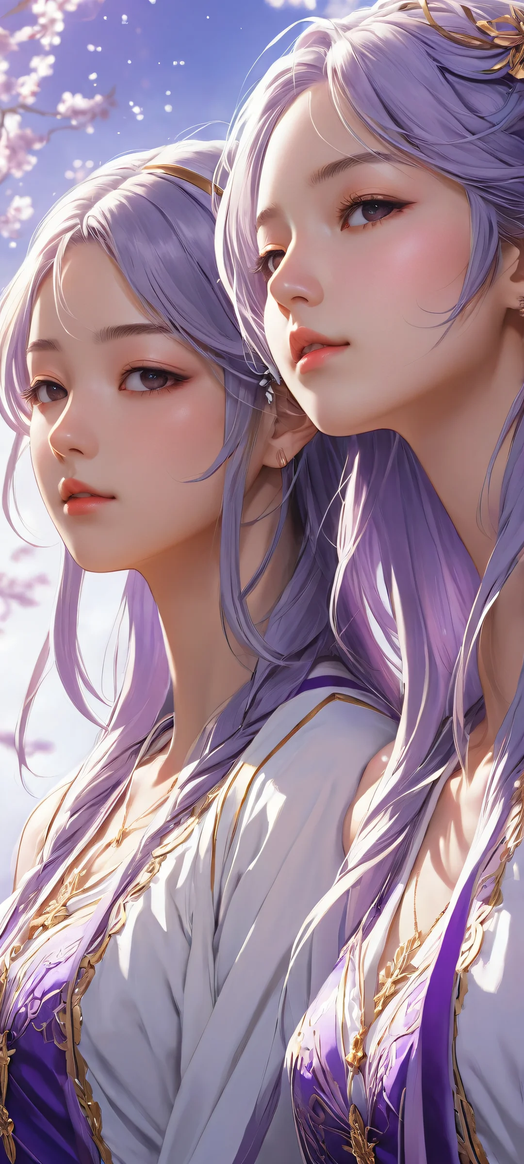 Two anime girls with intricate details and a purple ribbon adorning one's hair on an iPhone/Android home screen.