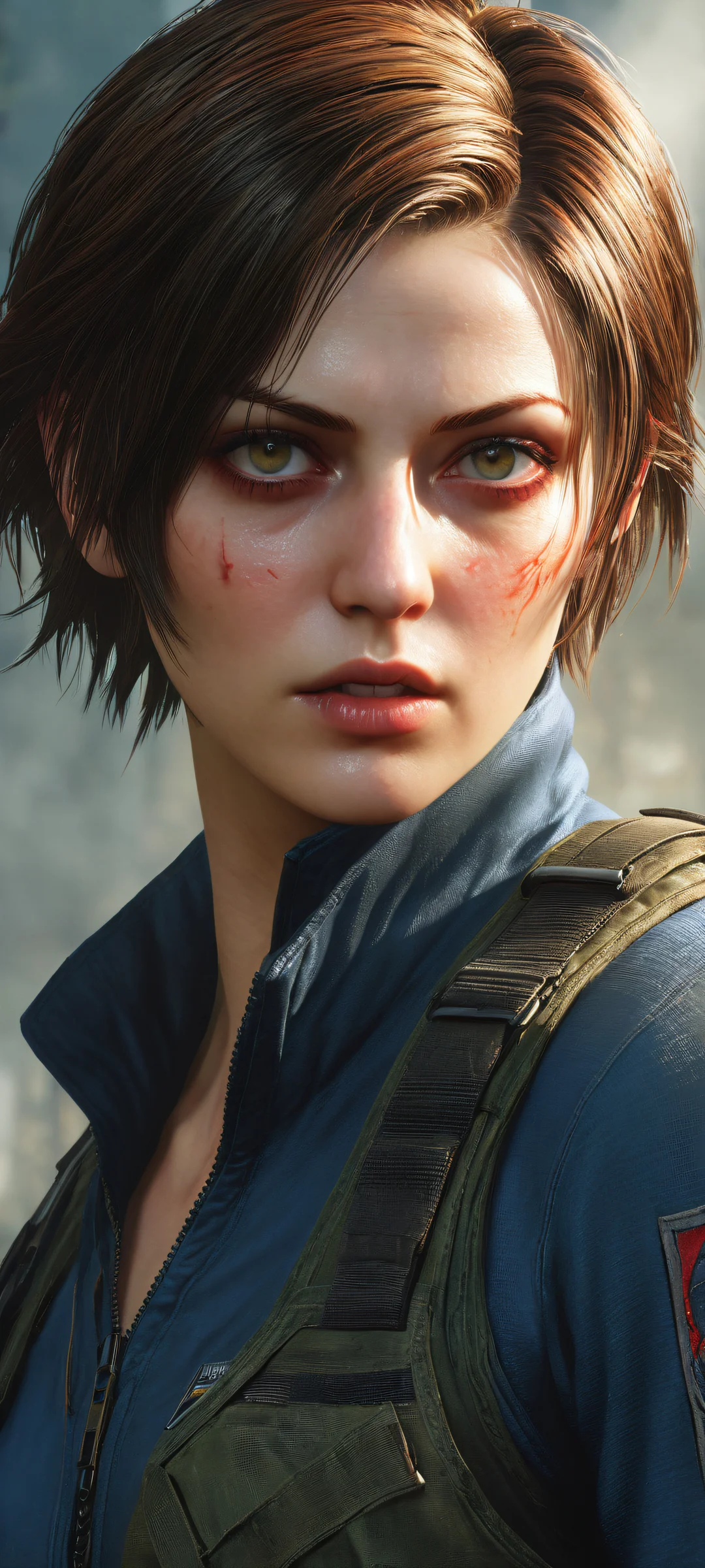 iPhone/Android wallpaper featuring Resident Evil's protagonist Grace Ashcroft in a breathtaking vertical portrait with intricate details and 8k resolution textures, perfect for iPhone and Android home screens.