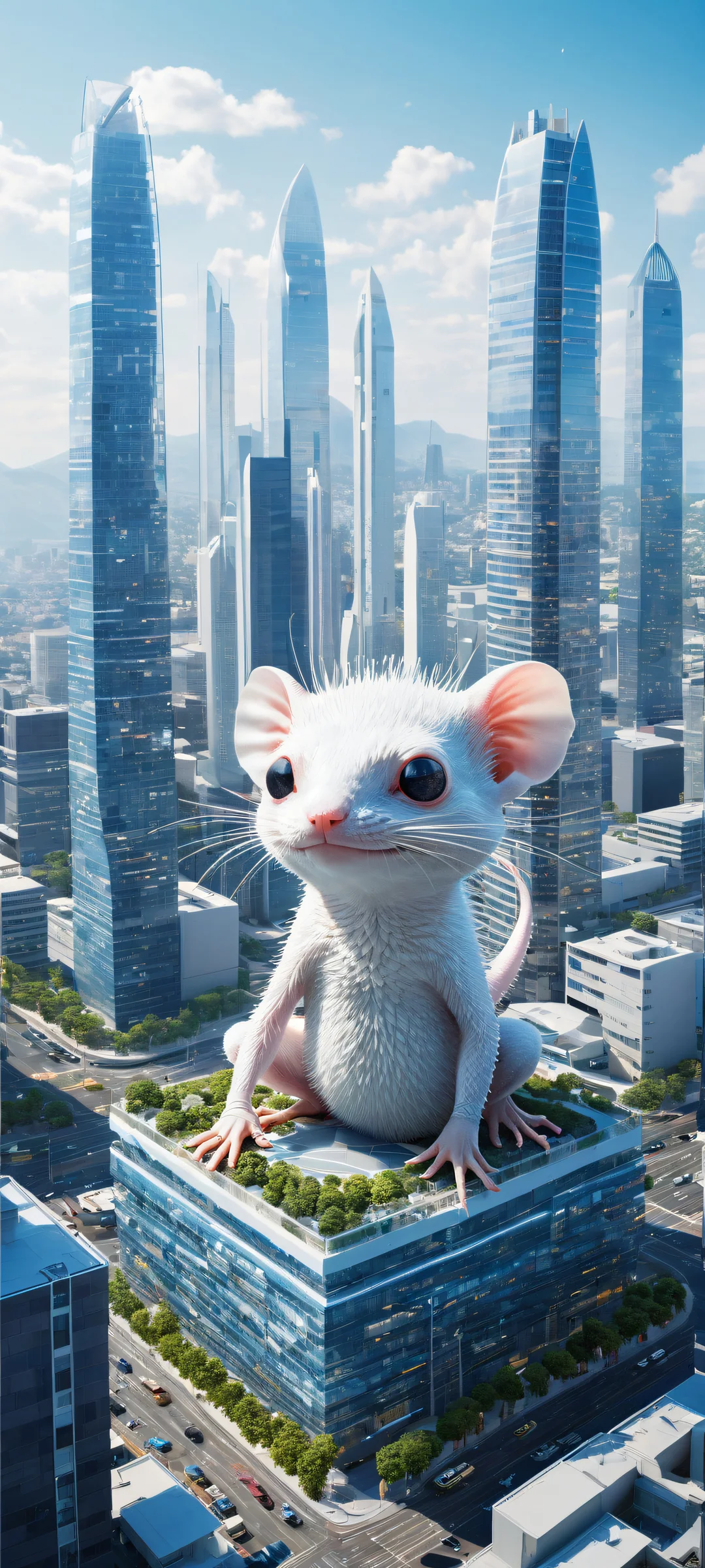 A stunning digital artwork featuring Ikea Blahaj and an axolotl-like creature against a futuristic cityscape, perfectly optimized for iPhone/Android home screens.