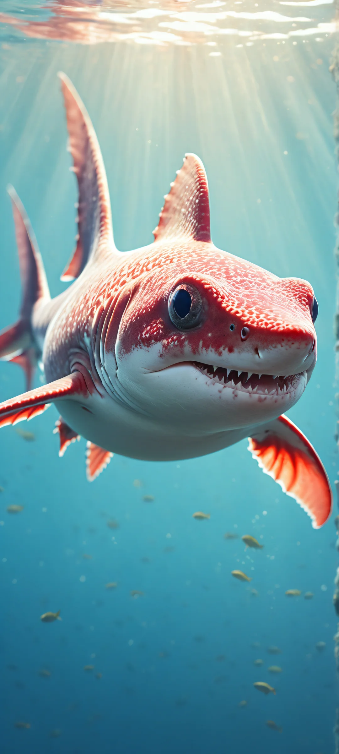 Shark-Axolotl Hybrid artwork on iPhone/Android home screen, award-winning digital art with radiant colors and ray-traced reflections.