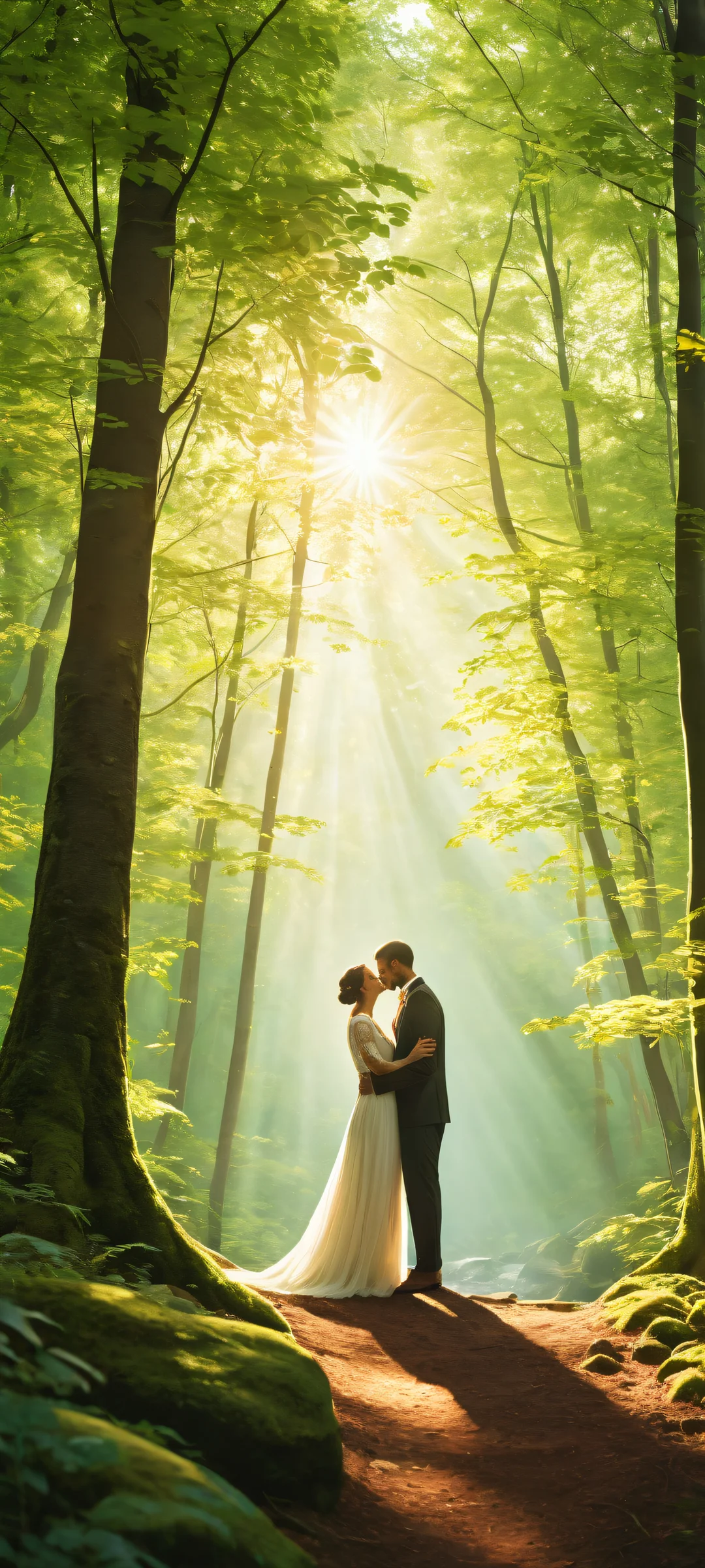 A loving couple in a serene forest setting, perfectly optimized for iPhone/Android home screens.