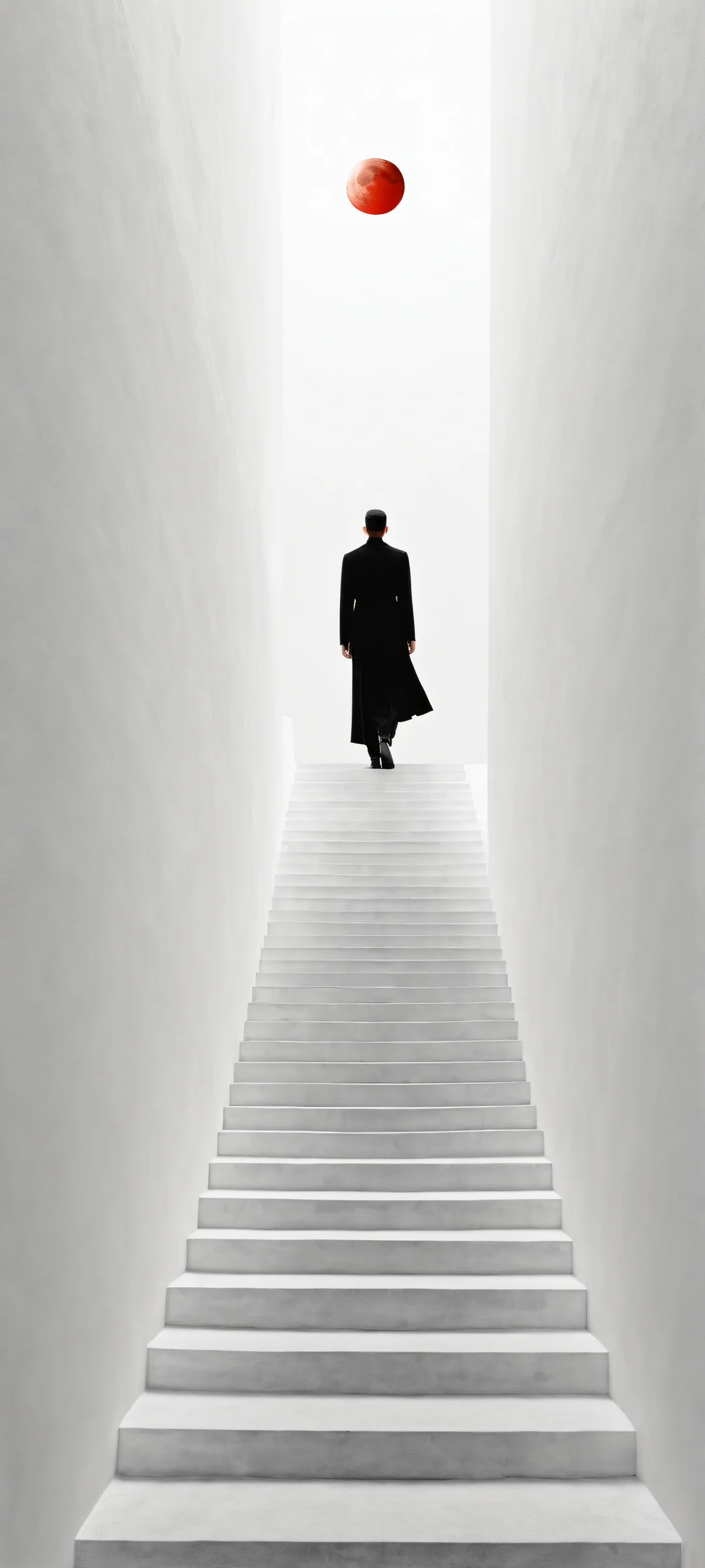 A lone figure pauses mid-step, casting dual shadows on the iPhone/Android screen. Surreal landscape unfolds below.