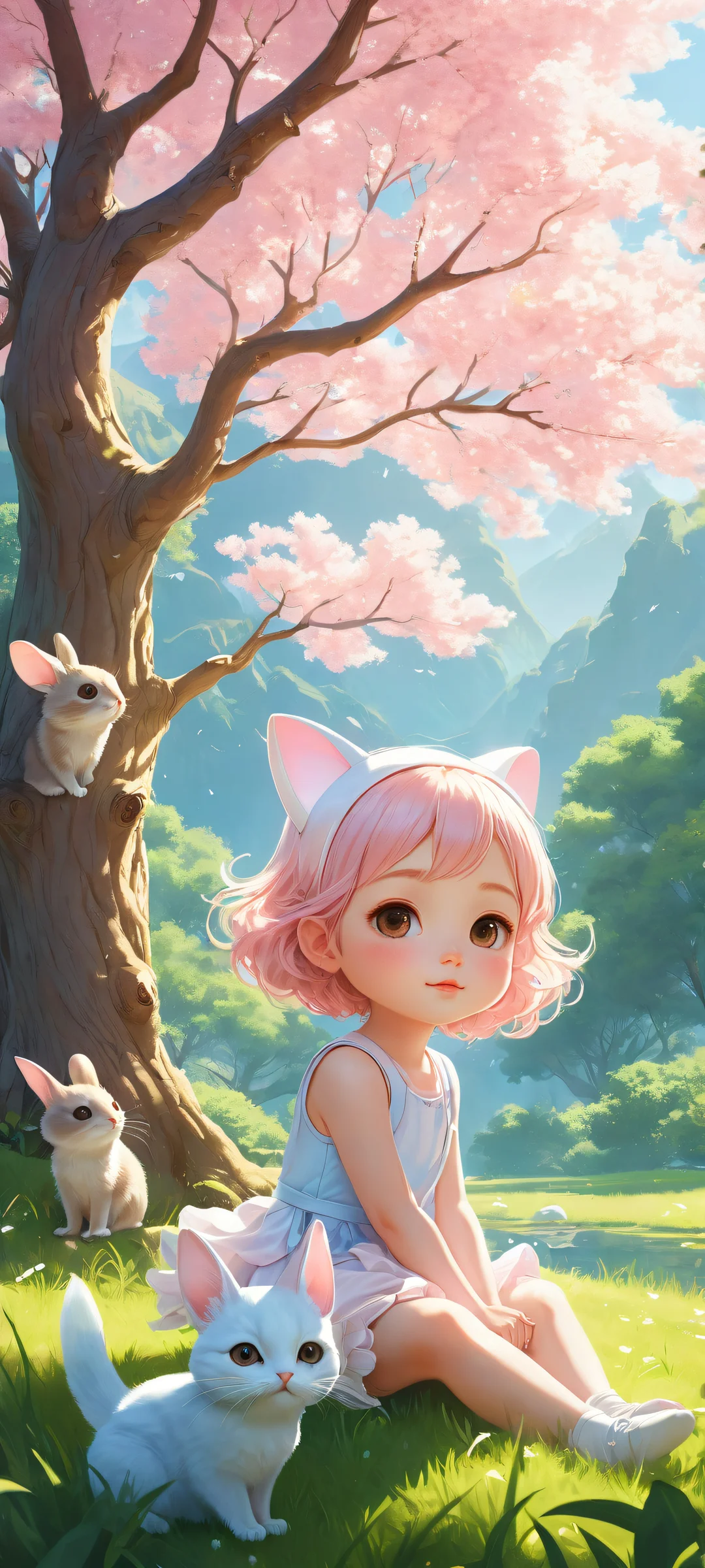 Chibi girls with animal ears on a serene iPhone/Android home screen background featuring lush grass and a majestic tree.