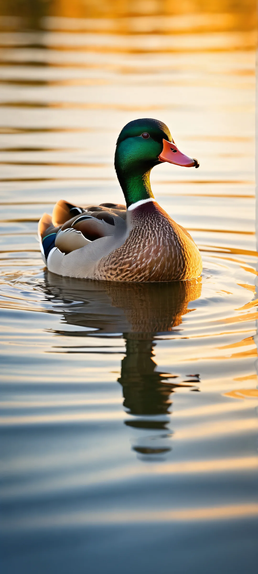 A serene duck slowly moves across the screen, surrounded by intricate details and depth of field, perfeito para telas iniciais de iPhone/Android.