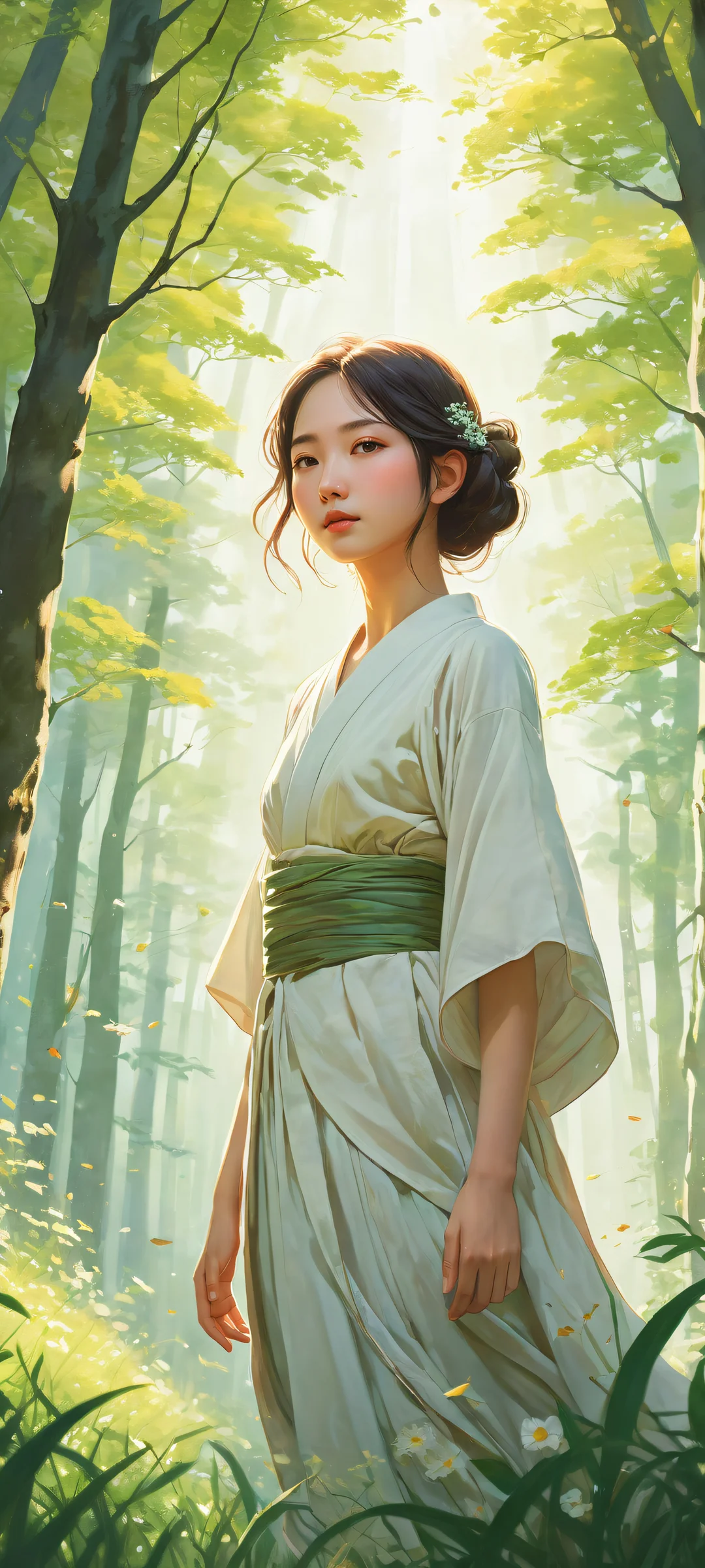 Anime-style character in a meadow scene with iPhone/Android