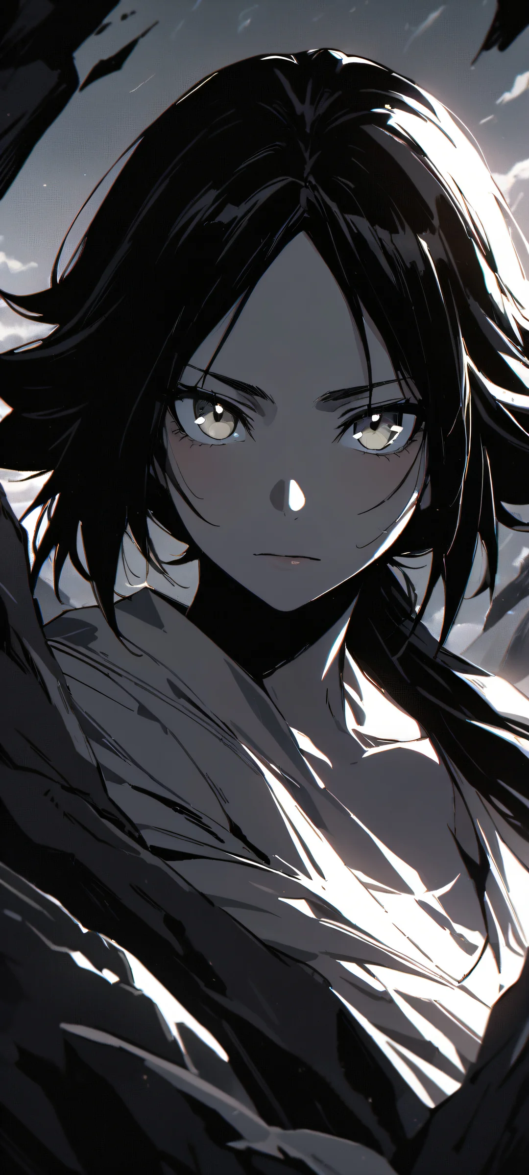 Yoruichi Shihouin from Bleach looks directly at the viewer with a captivating gaze on an iPhone or Android device's home screen.