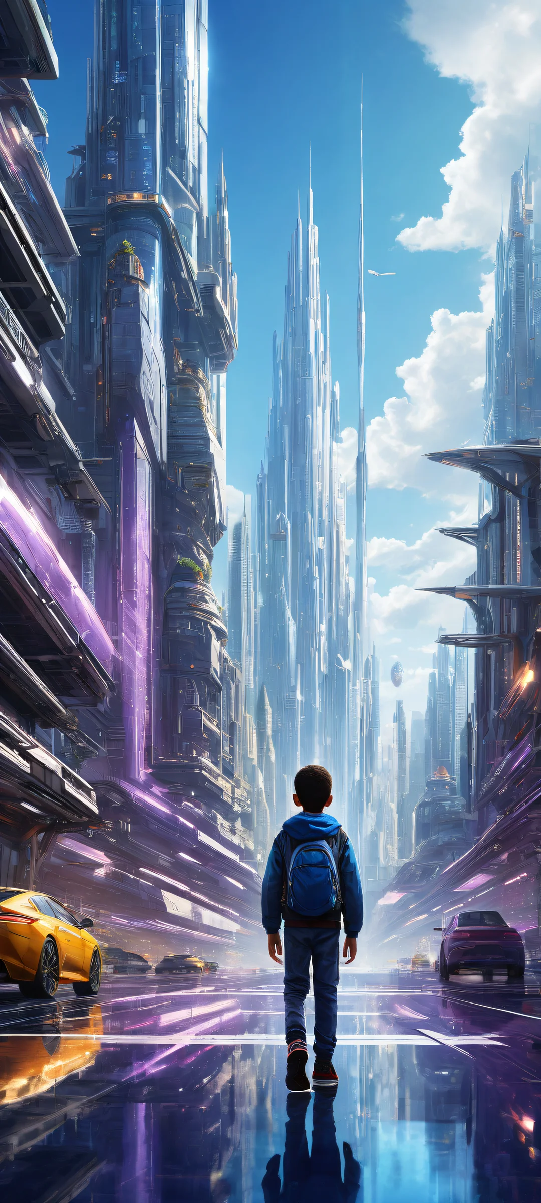 Mysterious boy amidst futuristic cityscapes and machinery on iPhone/Android wallpapers
