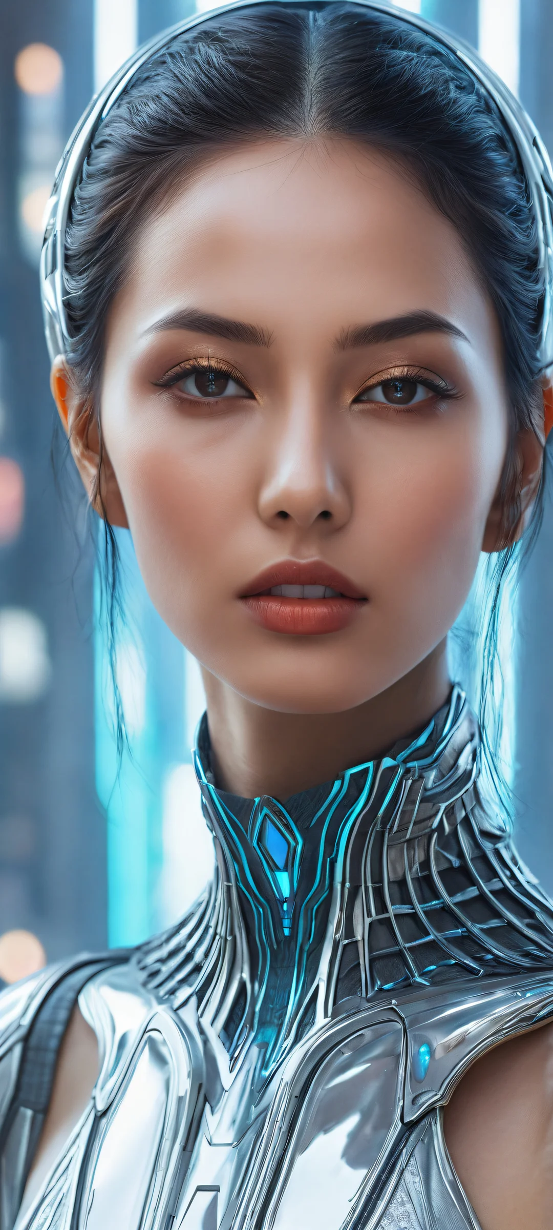 A stunning iPhone and Android wallpaper featuring a futuristic being with intricate micro-details blending extraterrestrial elegance with subtle mechanical elements.