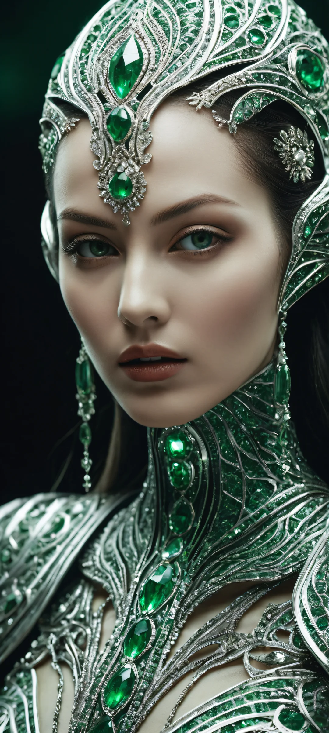 iPhone/Android user, behold this breathtaking cyberpunk artwork of Her, with intricate micro-details and striking features blending extraterrestrial elegance and subtle mechanical elements.