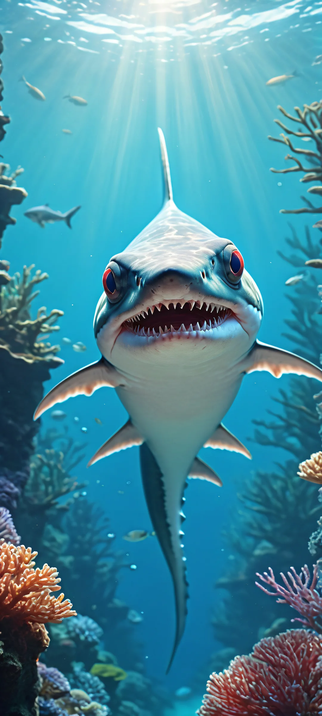 A futuristic shark-axolotl hybrid swims in a serene underwater scene on your iPhone or Android device, perfectly optimized for your home screen.