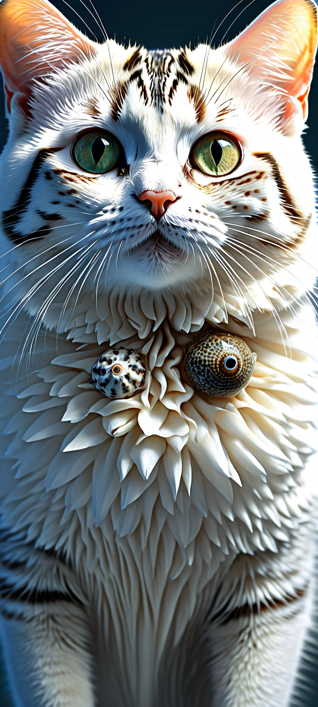 A mesmerizing creature with penguin-like posture and cat's facial features sits in the lower-middle of a pristine white void, iPhone に完全に最適化, サムスンギャラクシー, と Android のホーム画面.