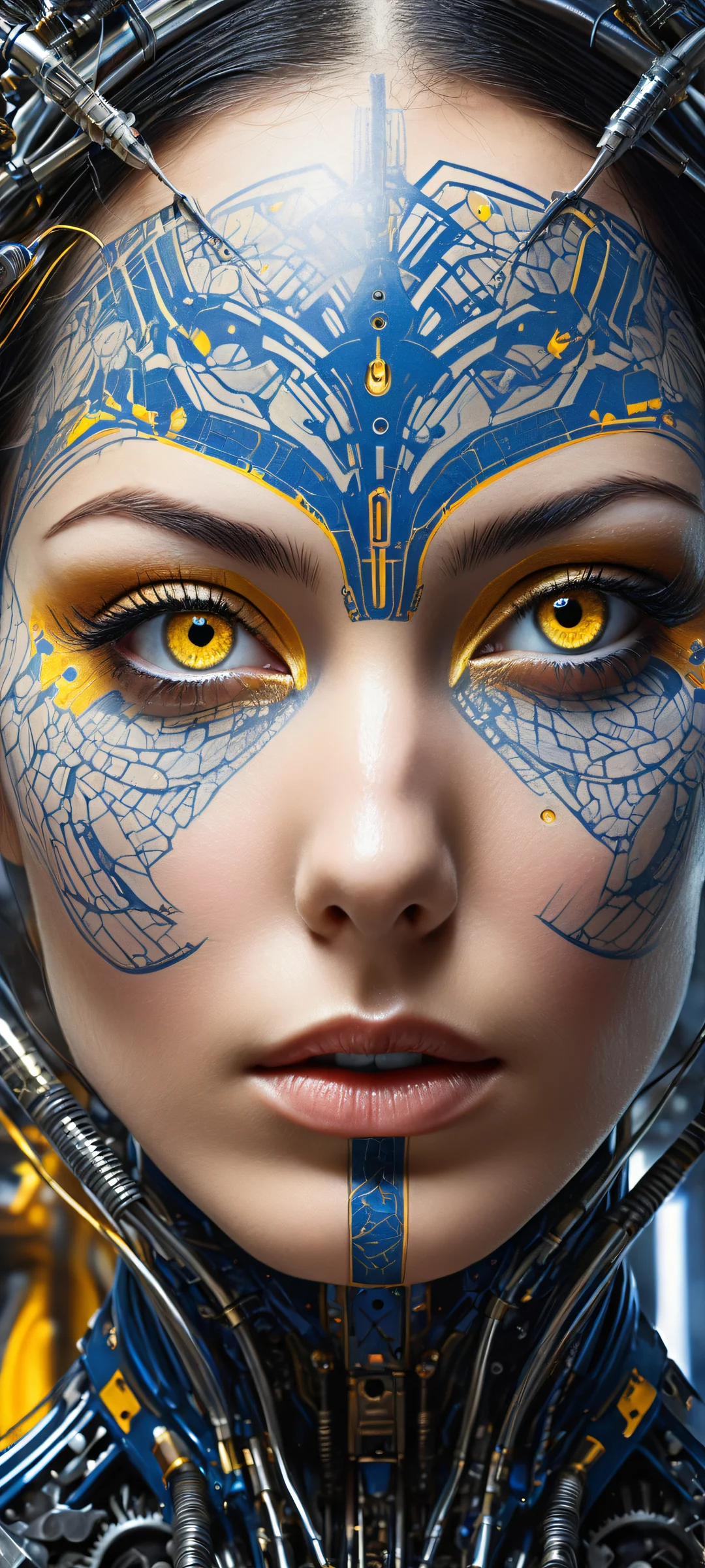 Mysterious figure's face with a striking yellow eye amidst black and blue patterns, iPhone/Android