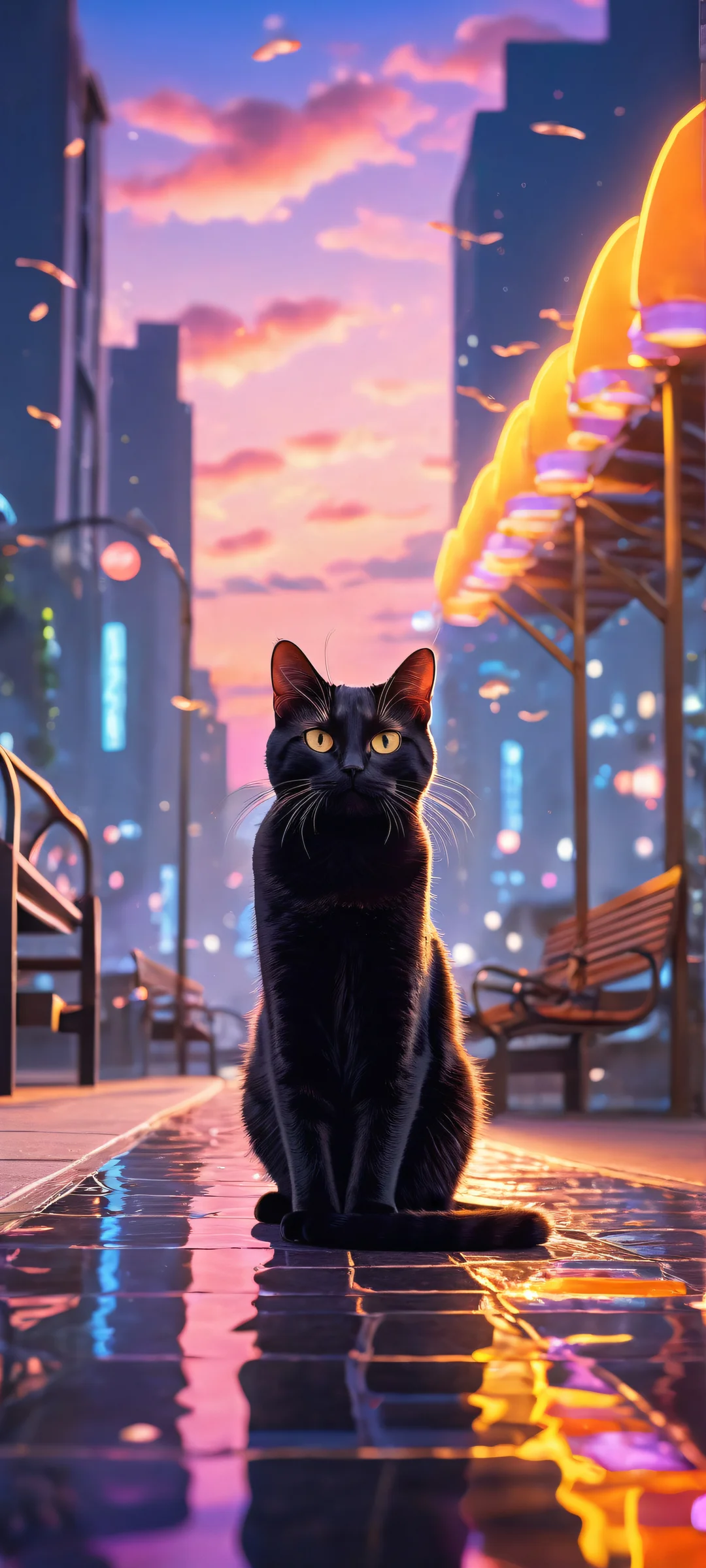 Ethereal Encounter 2K QHD Mobile Wallpaper A black chibi anime cat watches in awe as neon lights and anime fish shapes dance around it under a park bench on a starry night.