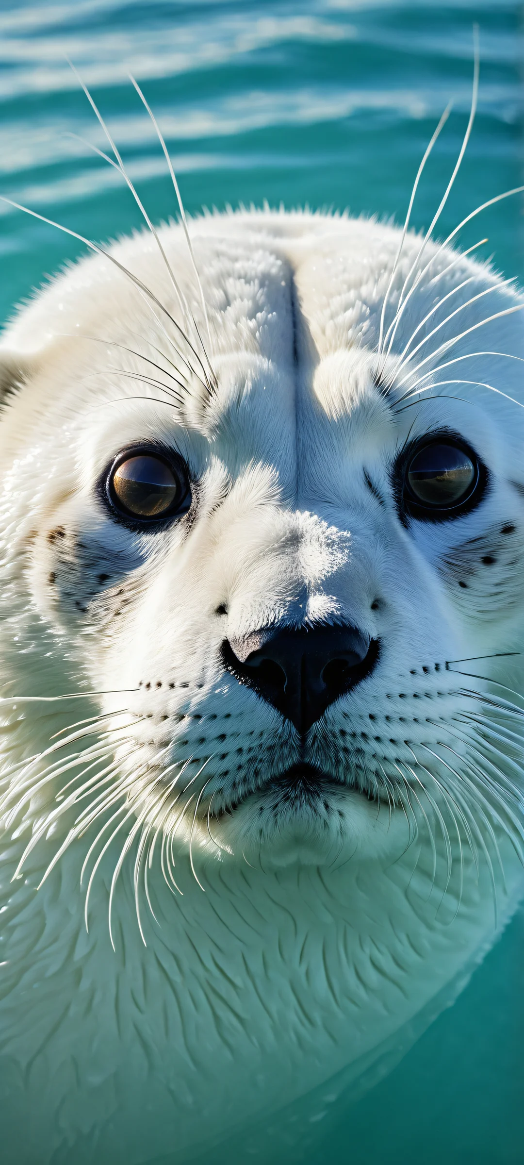 A stunning vertical portrait of a harp seal against a serene oceanic backdrop, parfaitement optimisé pour les écrans d'accueil iPhone et Android.