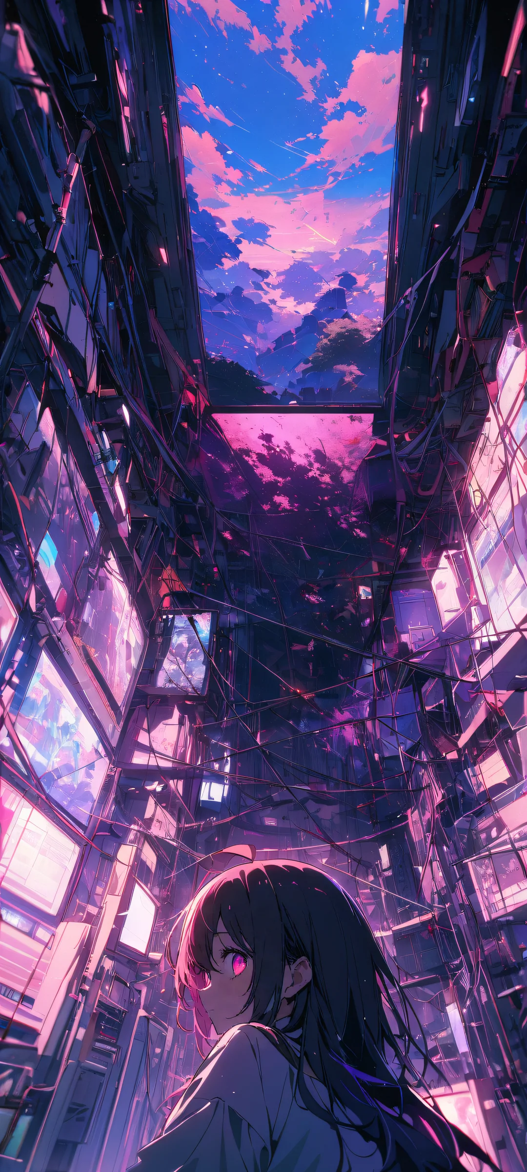 AI Hoshino from Oshi no Ko gazes at the viewer, surrounded by a serene blue sky and a complex, high-tech environment of wires and CRT screens.