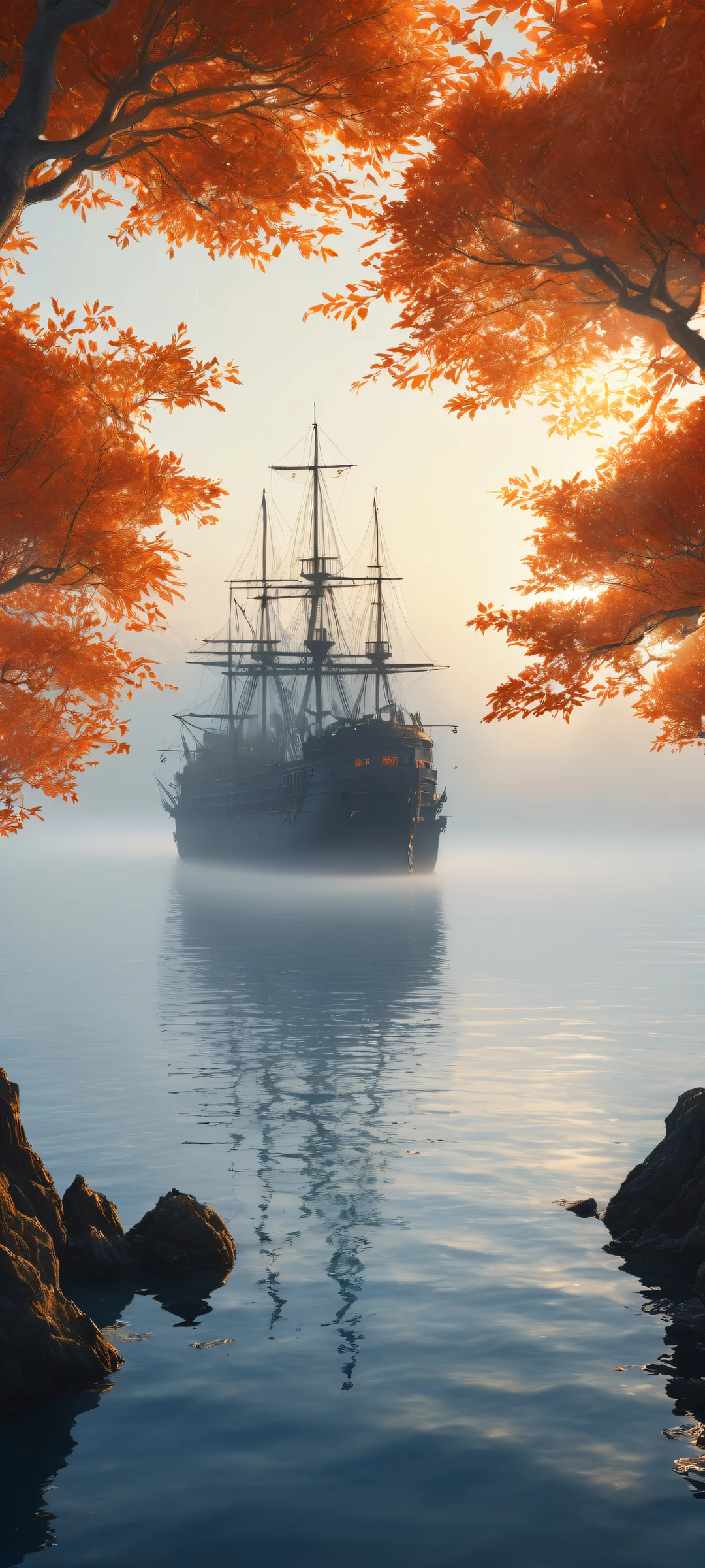 A surreal monster emerges from the misty grey ocean on a golden autumn morning, perfectly optimized for iPhone and Android home screens.