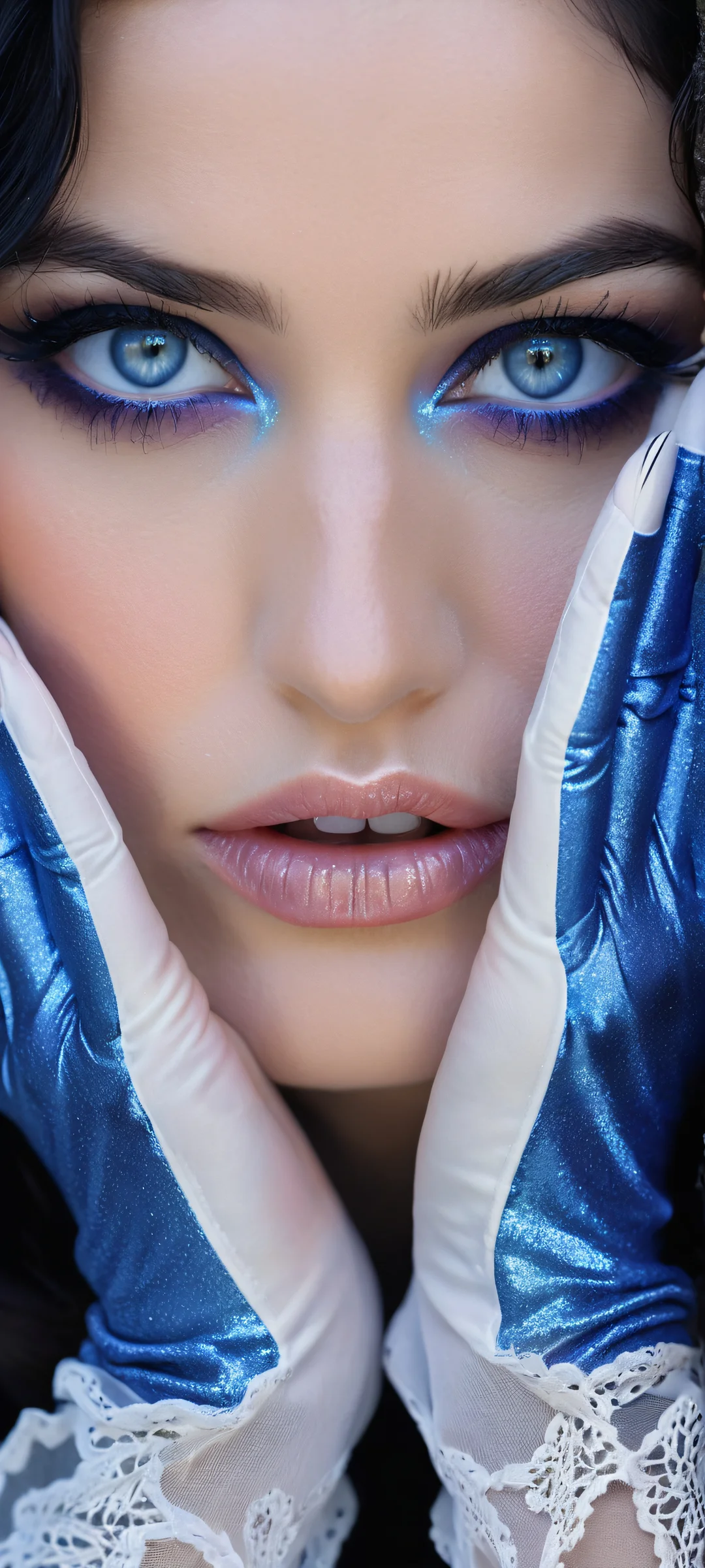 Beautiful portrait of a lone figure with piercing blue eyes and raven-black hair on an iPhone/Android, surrounded by a stunning gradient of deep blues and purples.