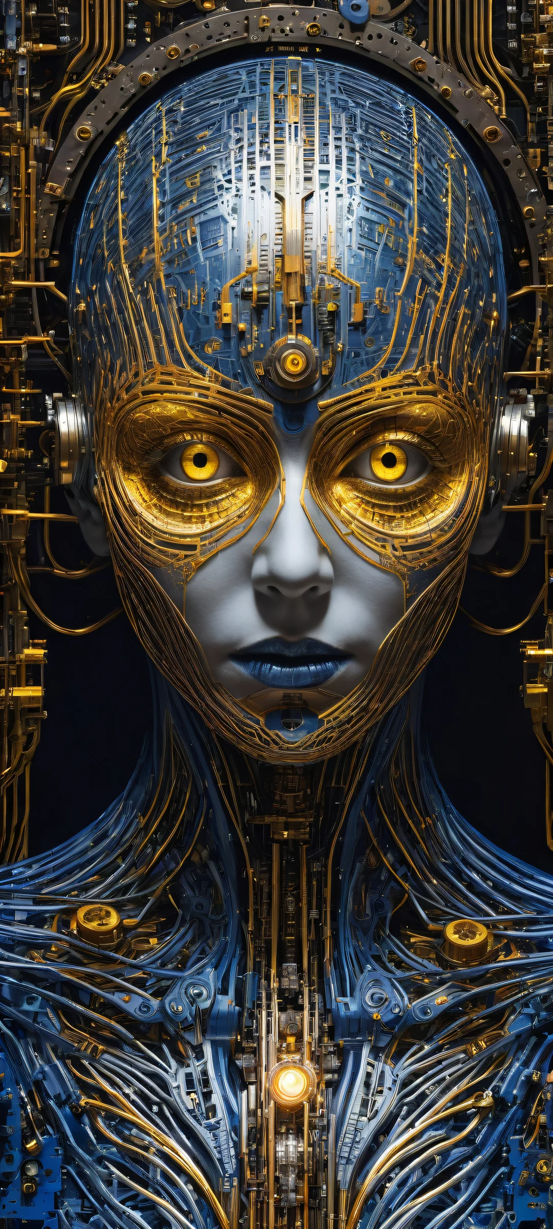 A mysterious figure with a striking yellow eye stands out amidst the darkness of mechanical components and circuit boards on an iPhone/Android home screen.