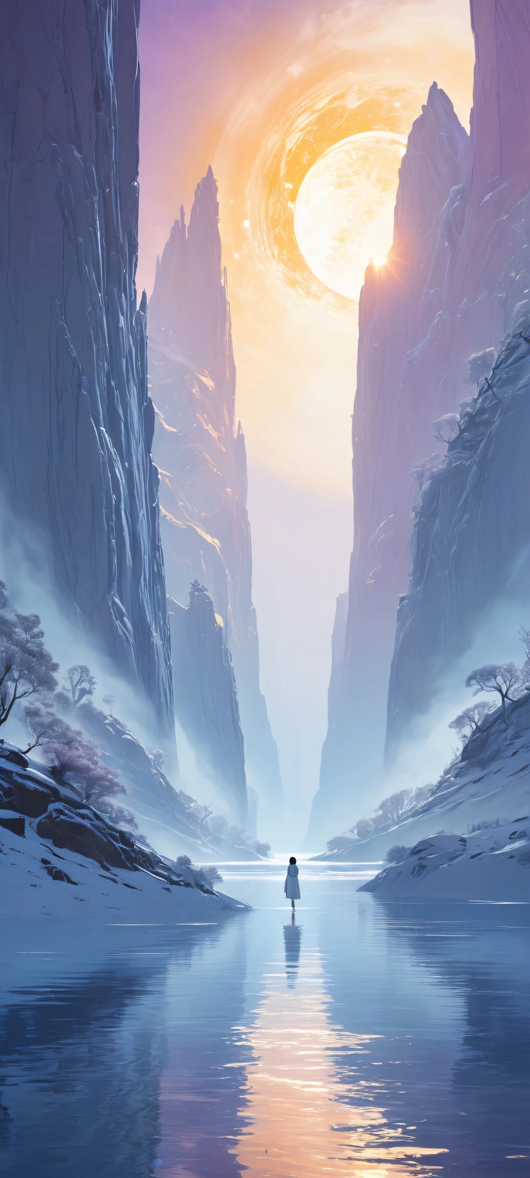 A mystical being with radiant white line art tracing its figure, surrounded by a vast pure void and a mystical landscape. Perfectly optimized for iPhone, Samsung Galaxy, and Android home screens.