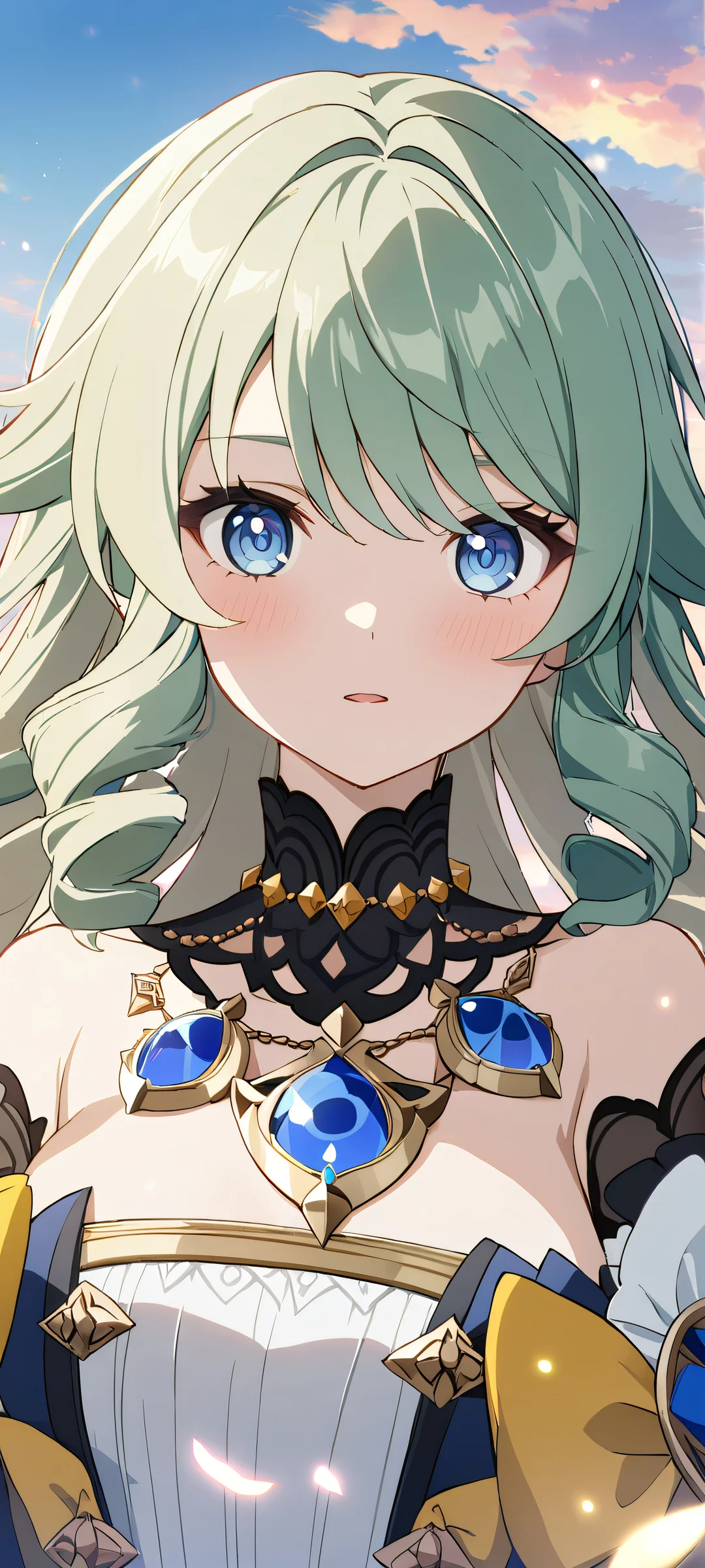 Beautifully rendered portrait of Navia from Genshin Impact on a clean and empty top half, perfeito para telas iniciais de iPhone/Android.