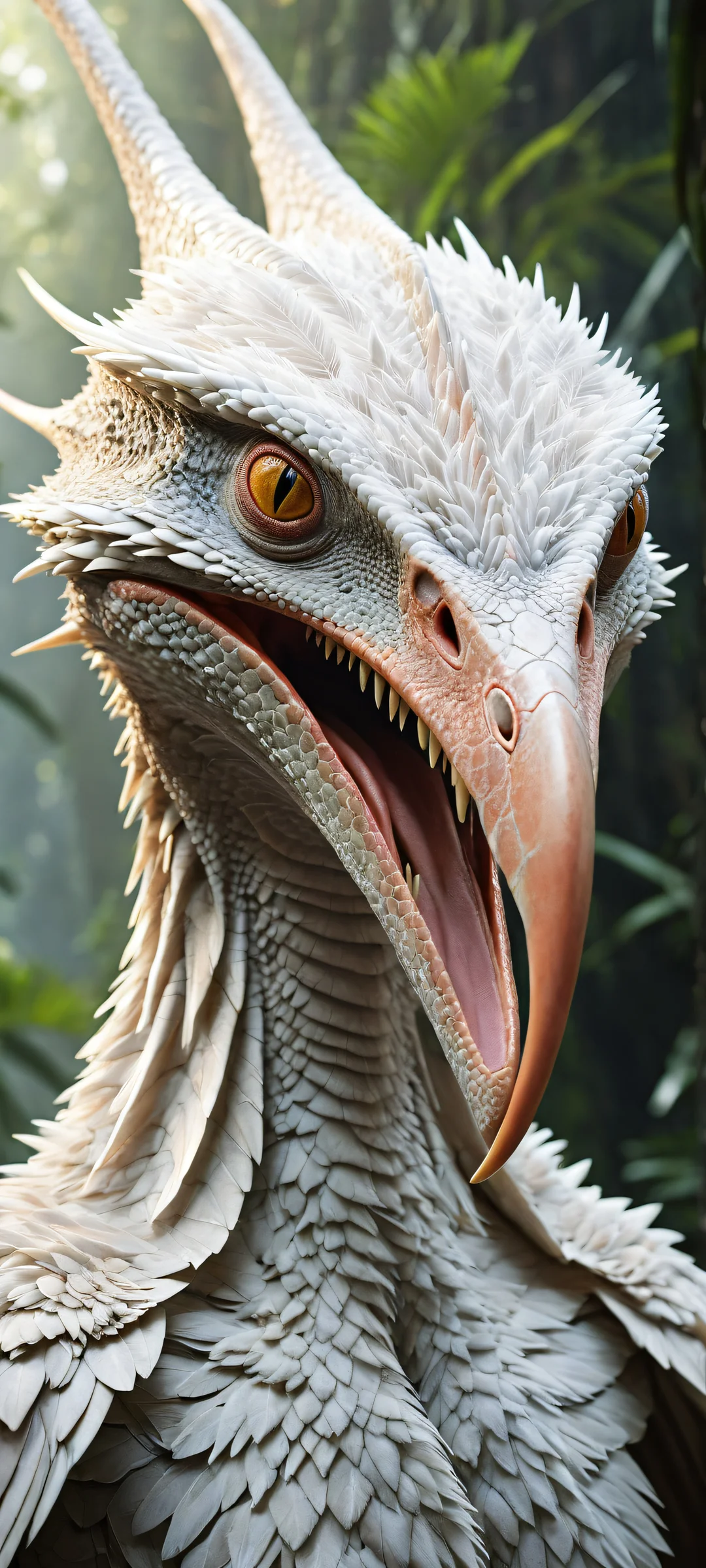 Ethereal Encounter 2K QHD Home Screen A majestic pteranodon's head with a canine-like visage, surrounded by lush prehistoric jungle and a towering volcano on iPhone/Android