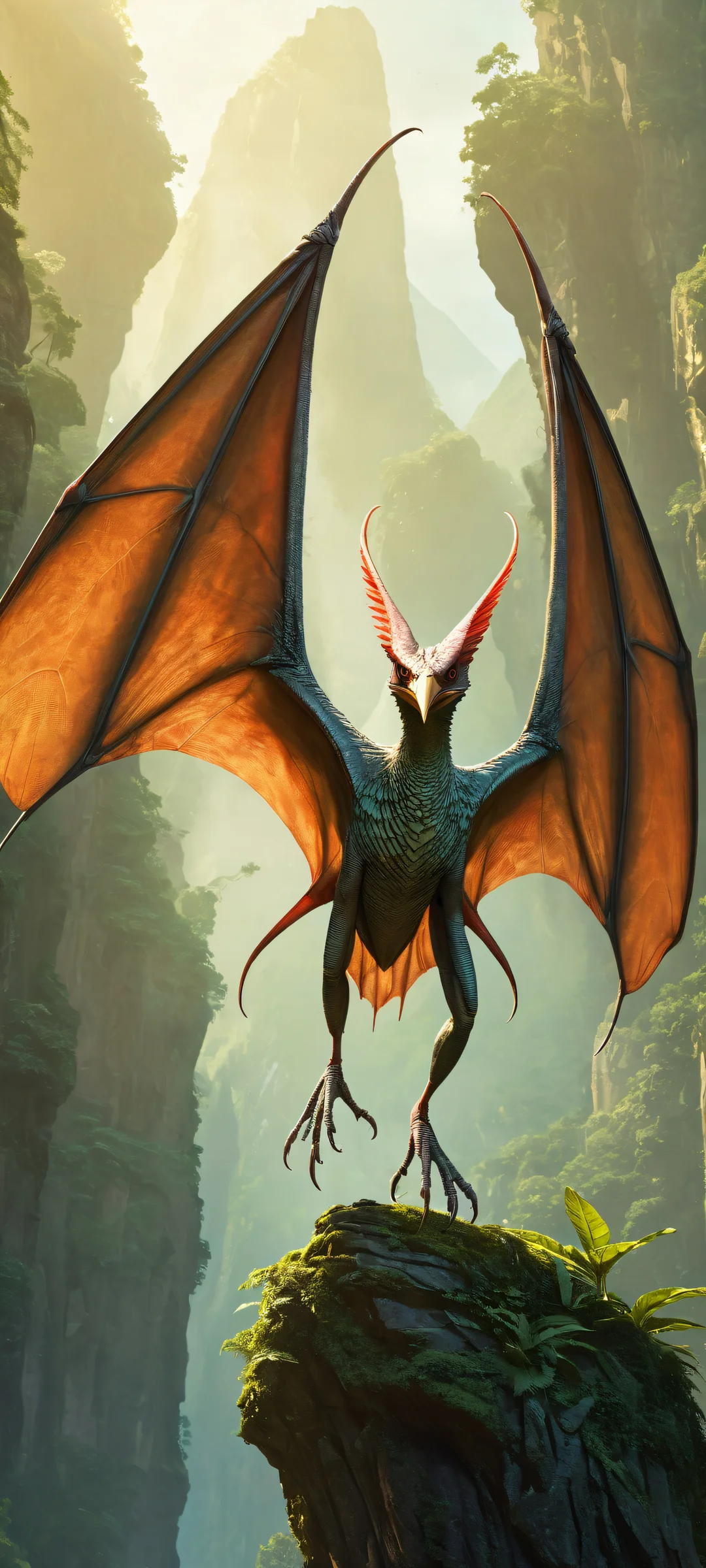 A pteranodon's head replaced with a borzoi dog's, standing amidst prehistoric jungles, perfectly optimized for iPhone and Android home screens.