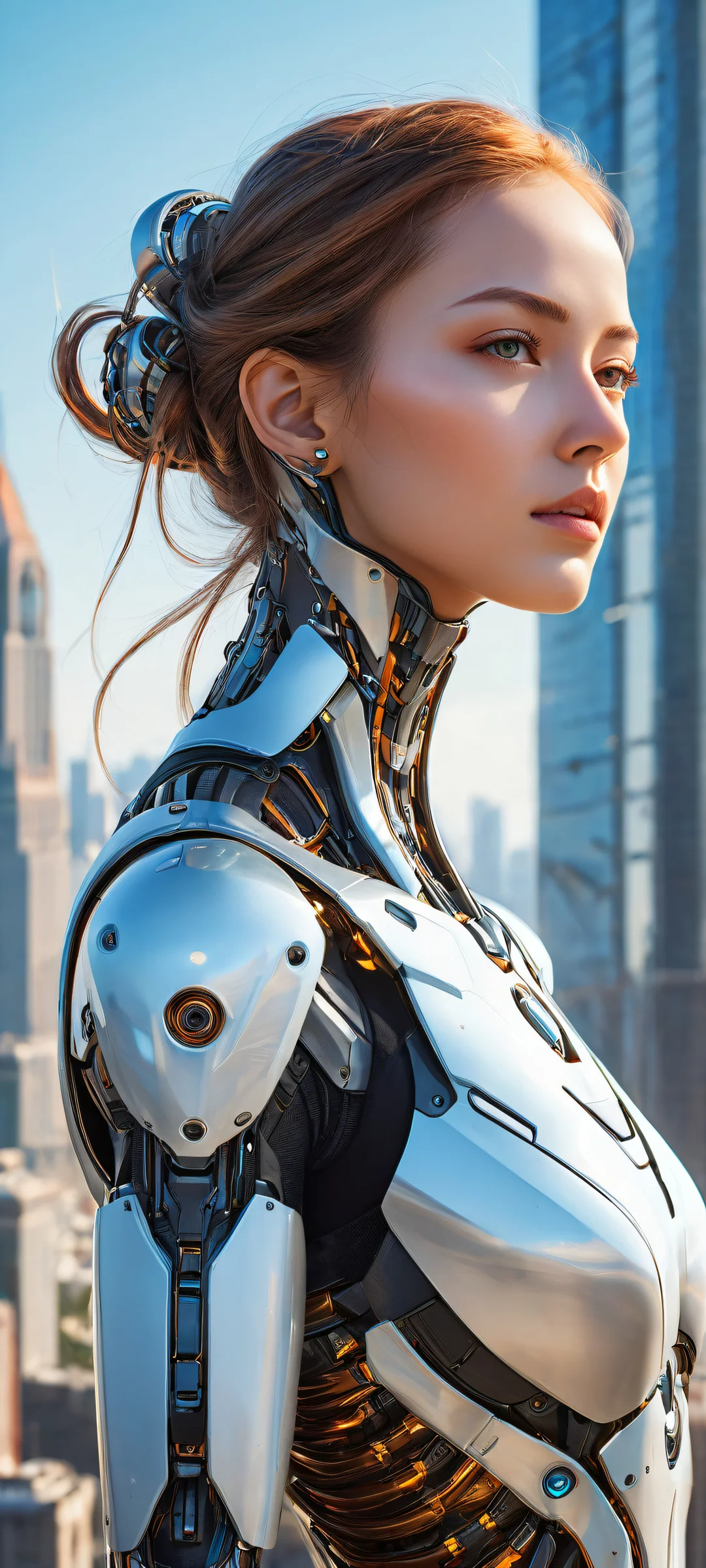 A beautiful robot girl stands amidst a futuristic cityscape on an iPhone or Android, with intricate mechanical details and ethereal lighting.