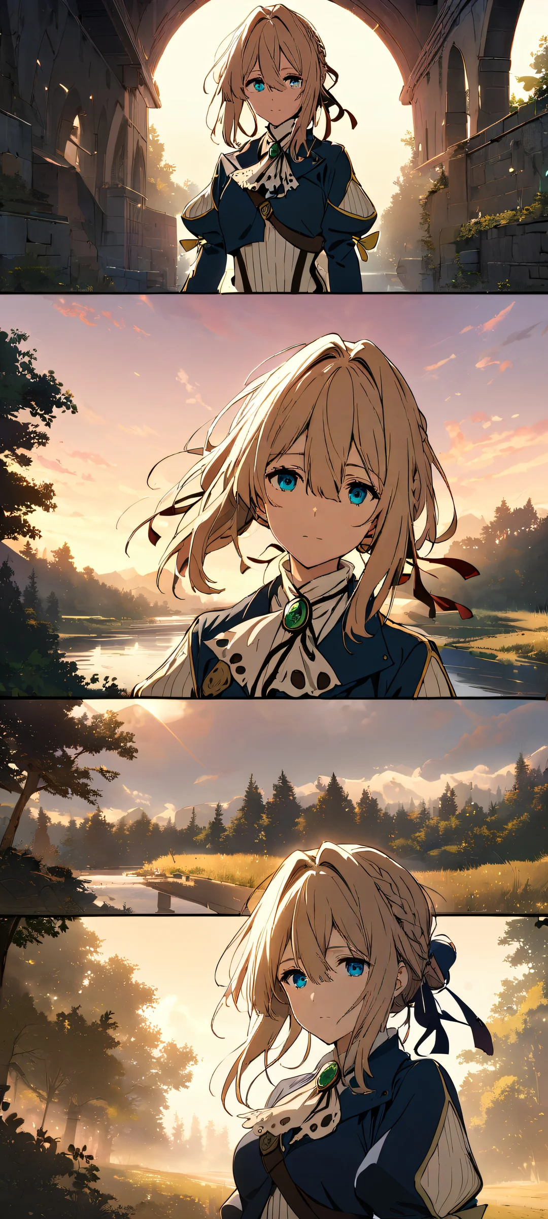 A stunning portrait of Violet Evergarden looking directly at the viewer from a serene landscape on an iPhone/Android home screen.