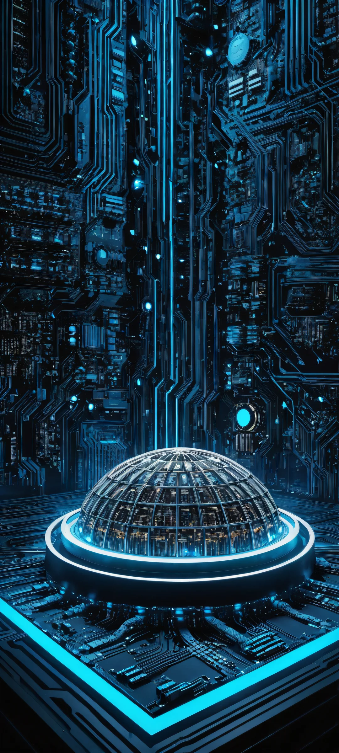Energy balls against a stunning 8K background of futuristic machinery and circuit boards, perfect for iPhone or Android home screens.