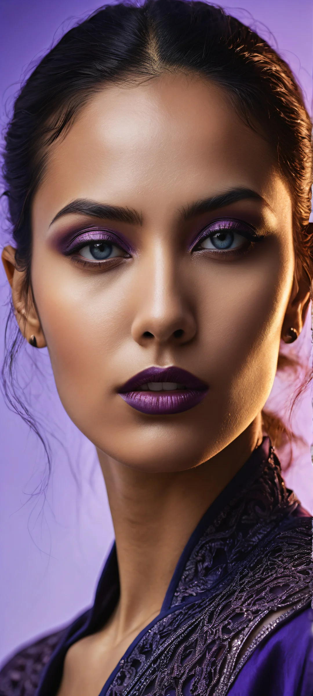 A hyper-detailed portrait of a woman with skin like polished obsidian, 広大な純粋な虚空を背景に, iPhone と Android のホーム画面に完全に最適化.