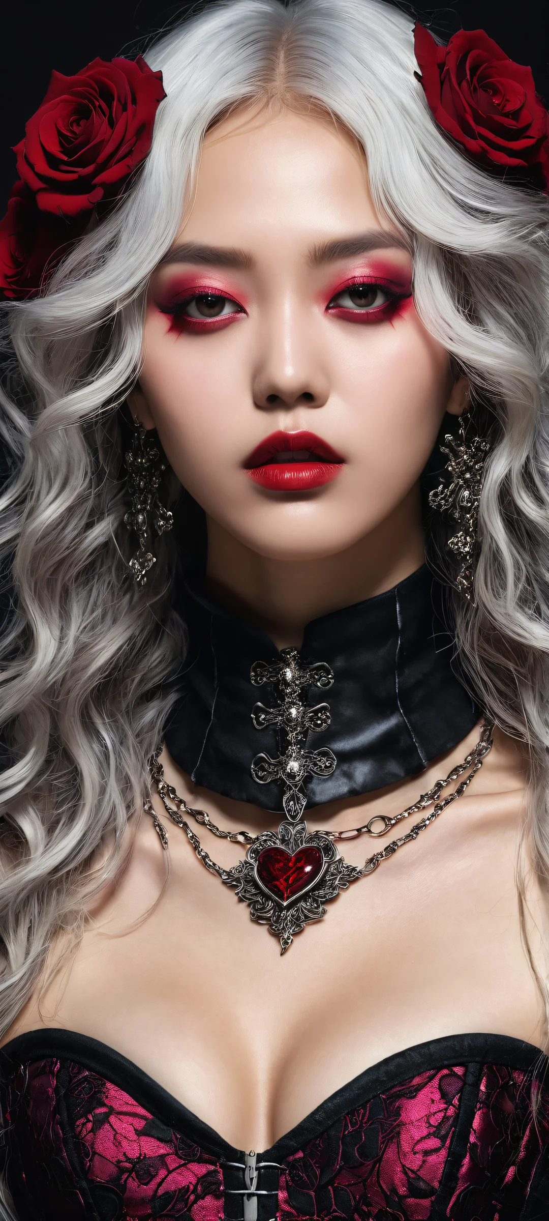 A haunting portrait of a mad K-pop idol placed in the lower-middle, avec des micro-détails complexes et un éclairage éthéré, parfait pour les écrans d'accueil iPhone/Android.