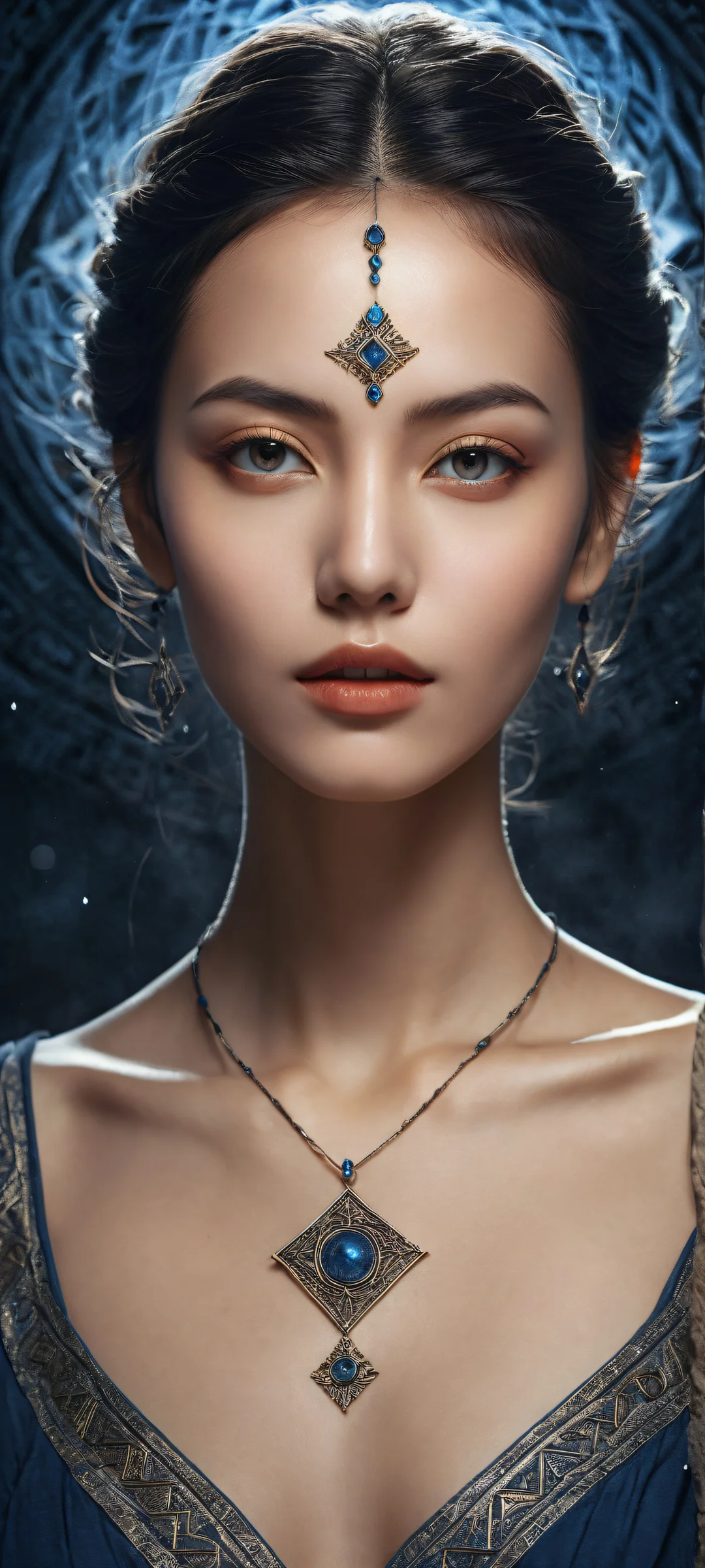 Mysterious woman's portrait on iPhone/Android with ancient runes and mystical symbols in dark, grunge-inspired background.
