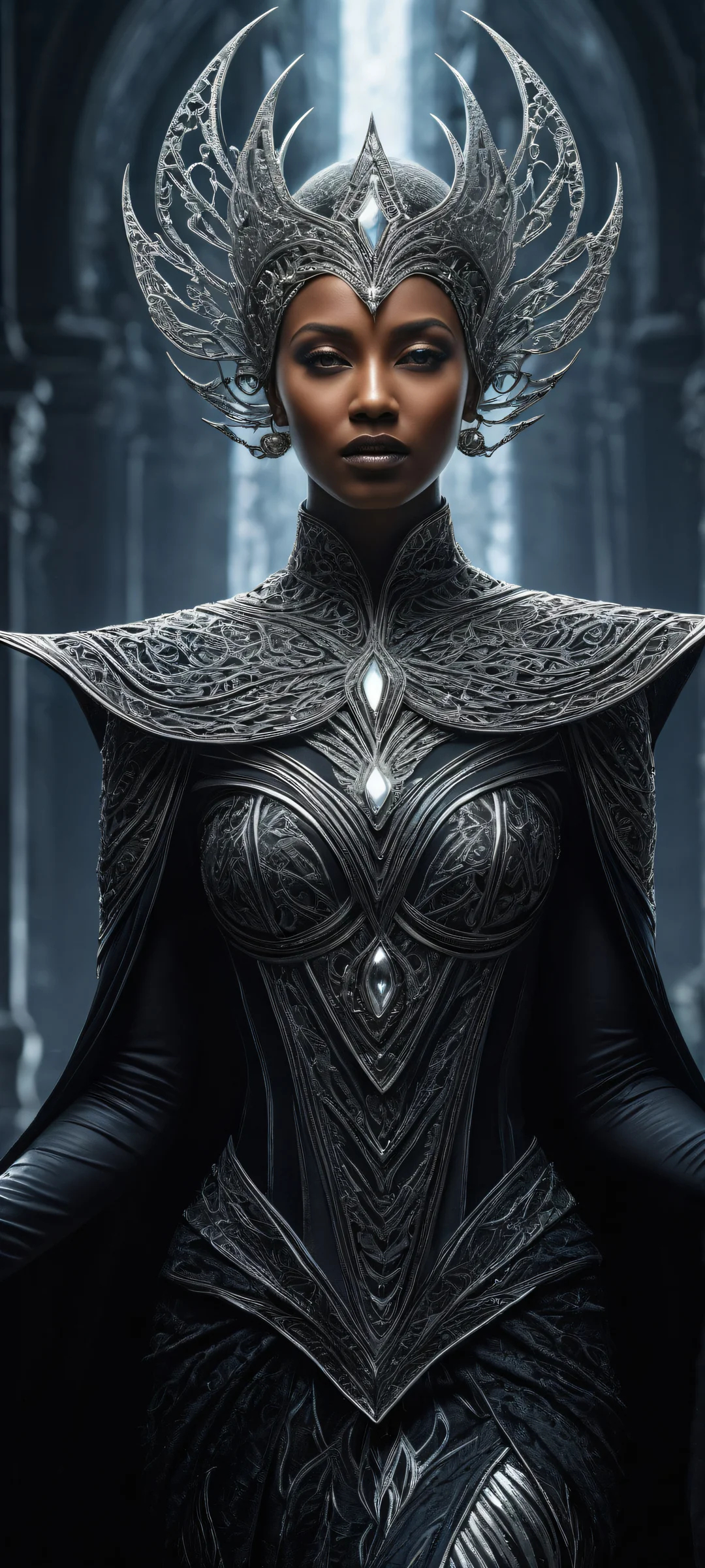 Mysterious woman in dark fantasy attire with iPhone/Android landscape void and radiant black light.