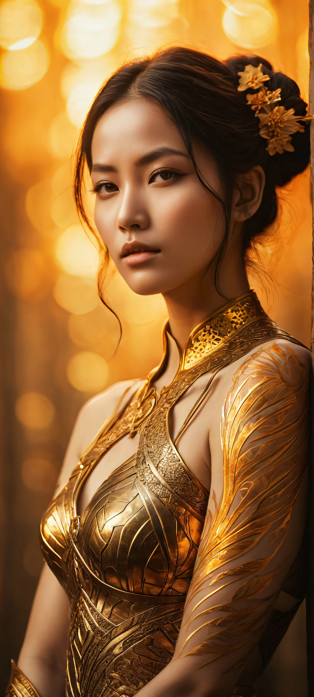 A lone girl with mystical amber tattoos stands out against a dark mysterious landscape, perfect for iPhone or Android home screens.