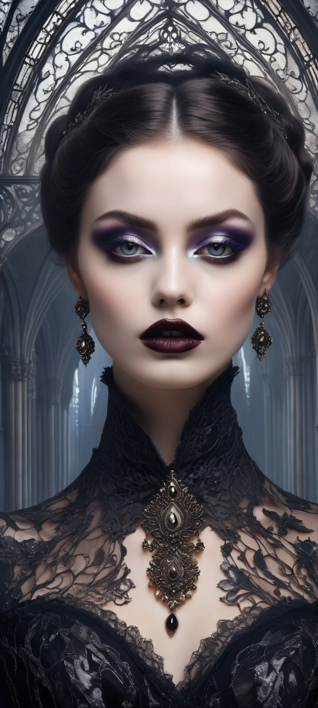 Mysterious figure with black lips and blush on a dark, ornate gothic background with mist, optimized for iPhone/Android home screens.