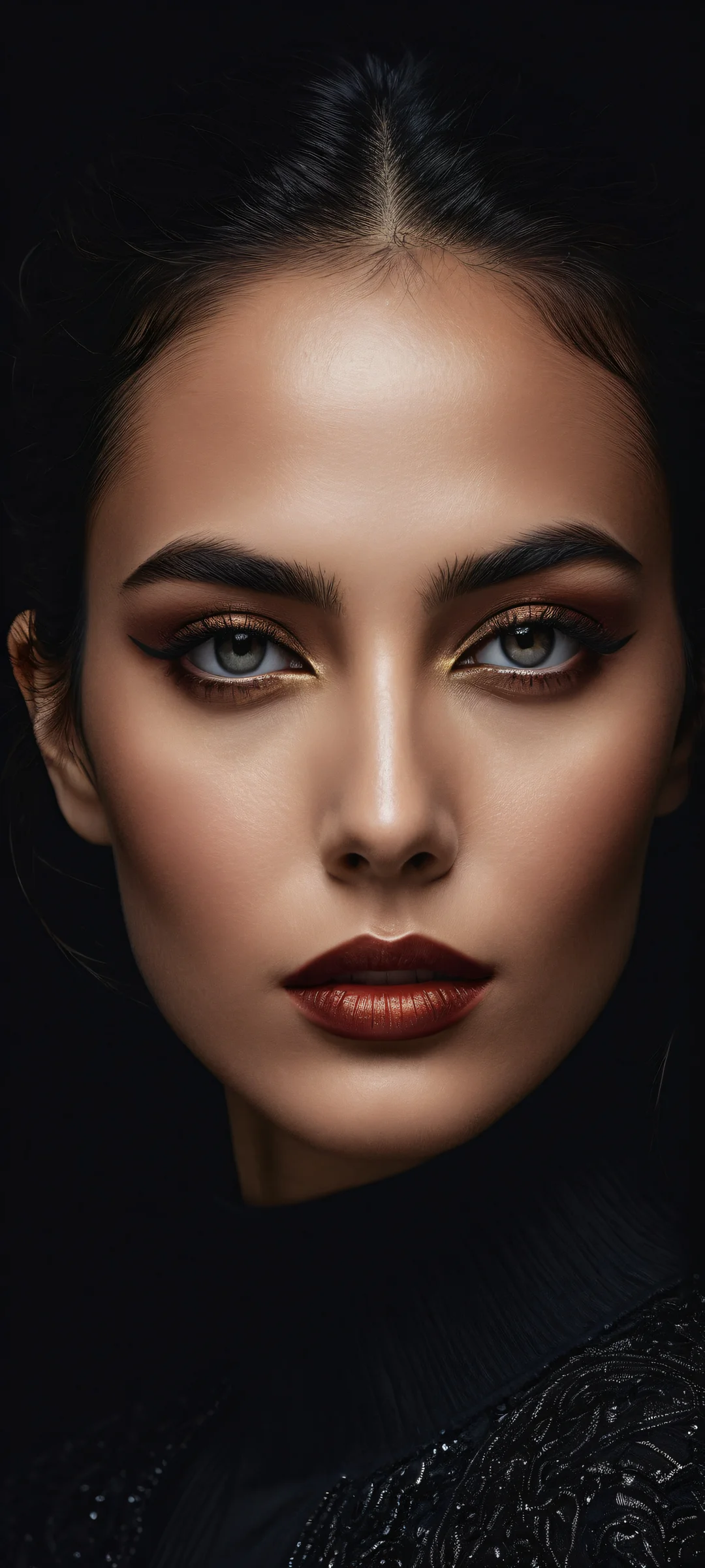 Beautiful face portrait on a dark mode background with iPhone/Android