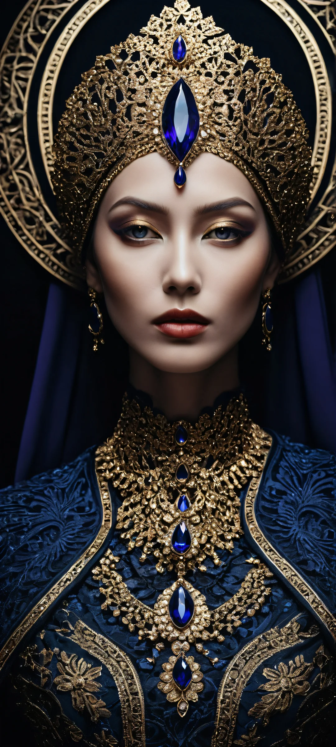A mysterious woman in ornate attire set against a void, perfect for iPhone/Android home screens.