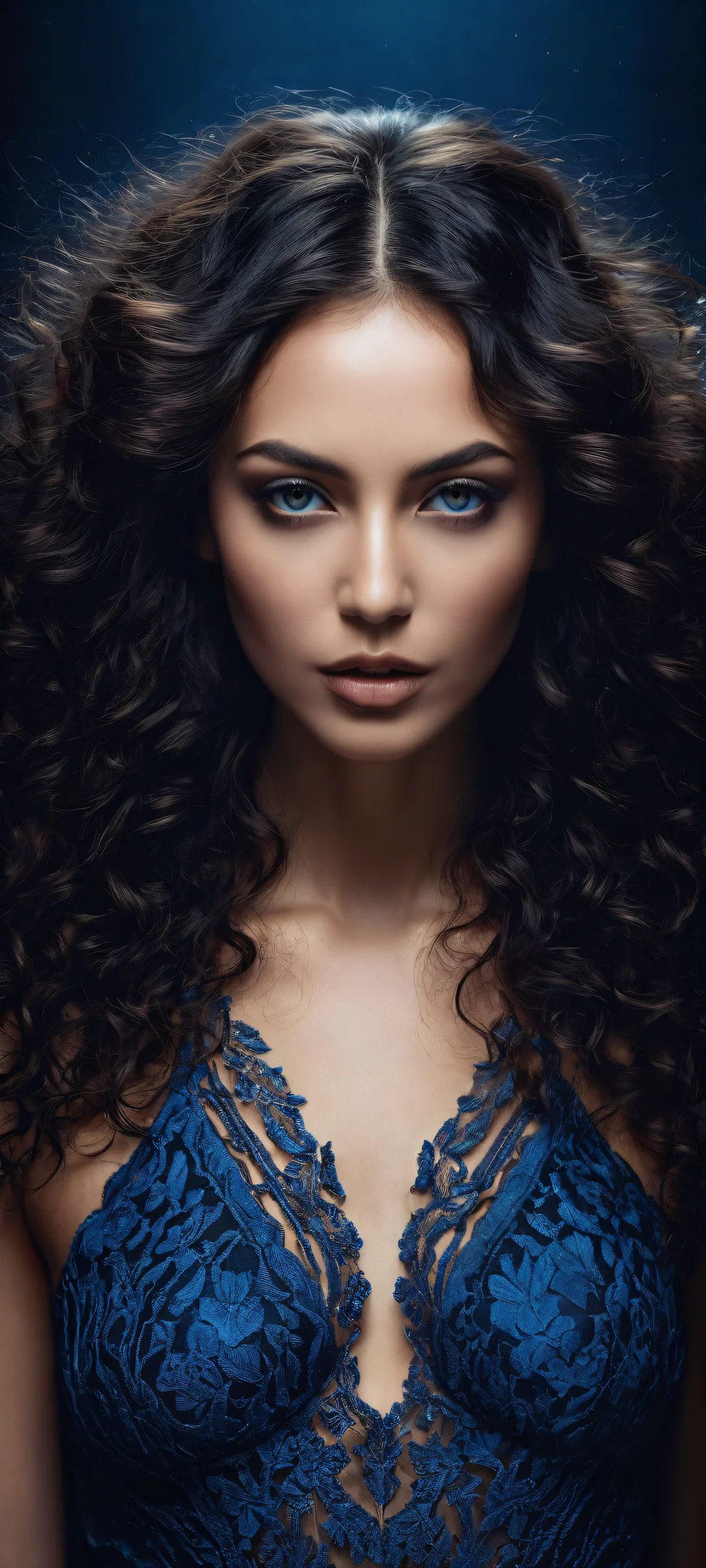 A stunning portrait of a floating female figure with intricate hair details and a vast void background, perfectly optimized for iPhone and Android home screens.