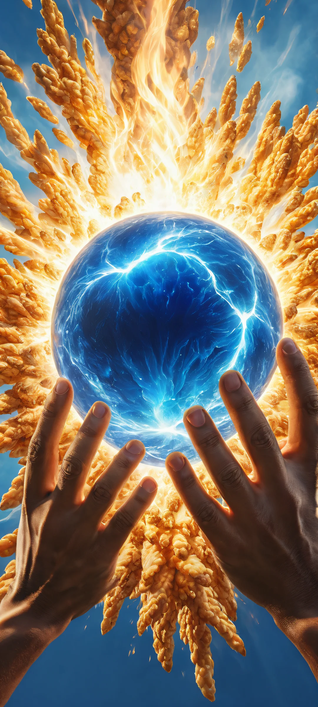 A blue ball of energy appears in front of a man's hand, with the phrase 'kamehamehaaaaaaa' written below. iPhone/Android.