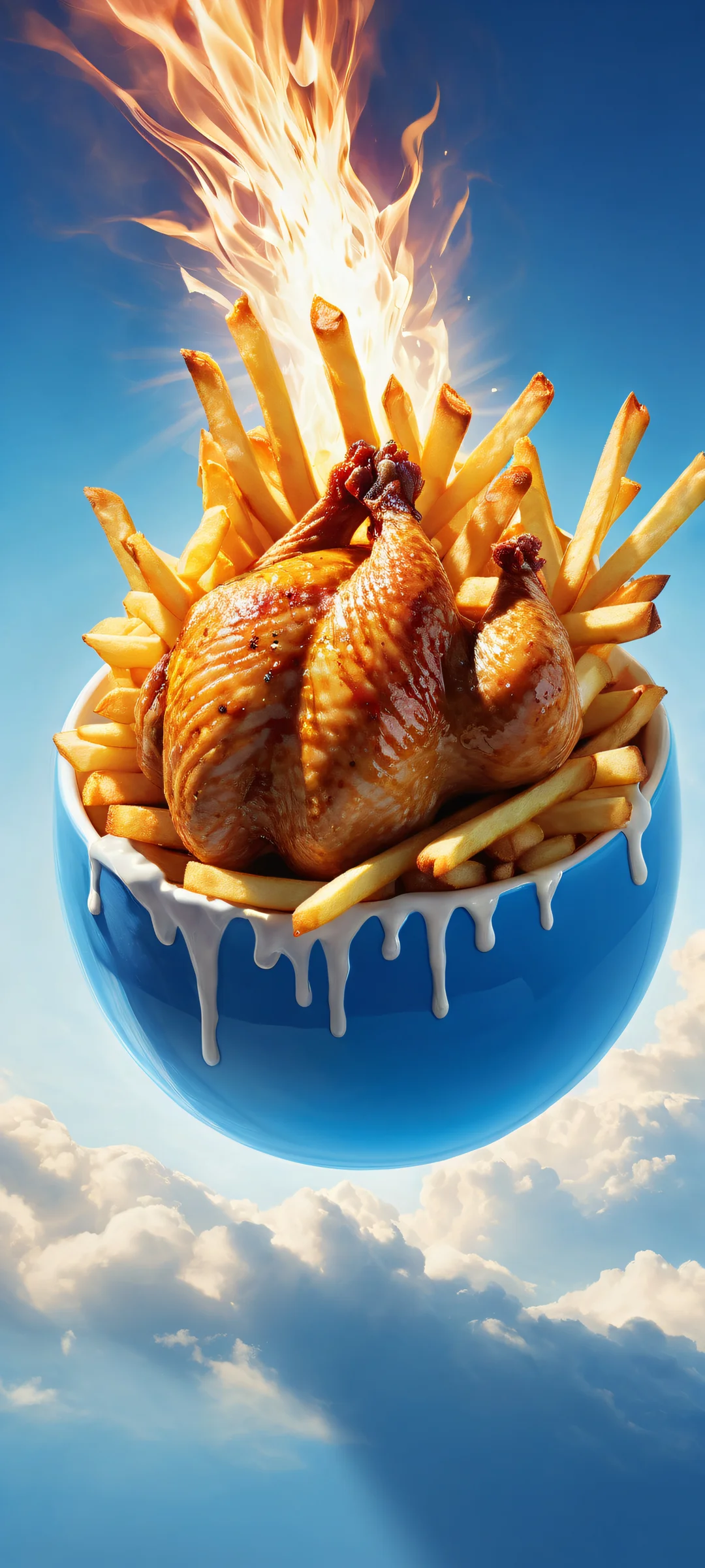 A man's hand screams 'kamehamehaaaaaaa' as a blue ball of energy appears before him and a blinding light beam covers the view, featuring an iPhone/Android compatible wallpaper with a steaming hot chicken and fries in the distance.